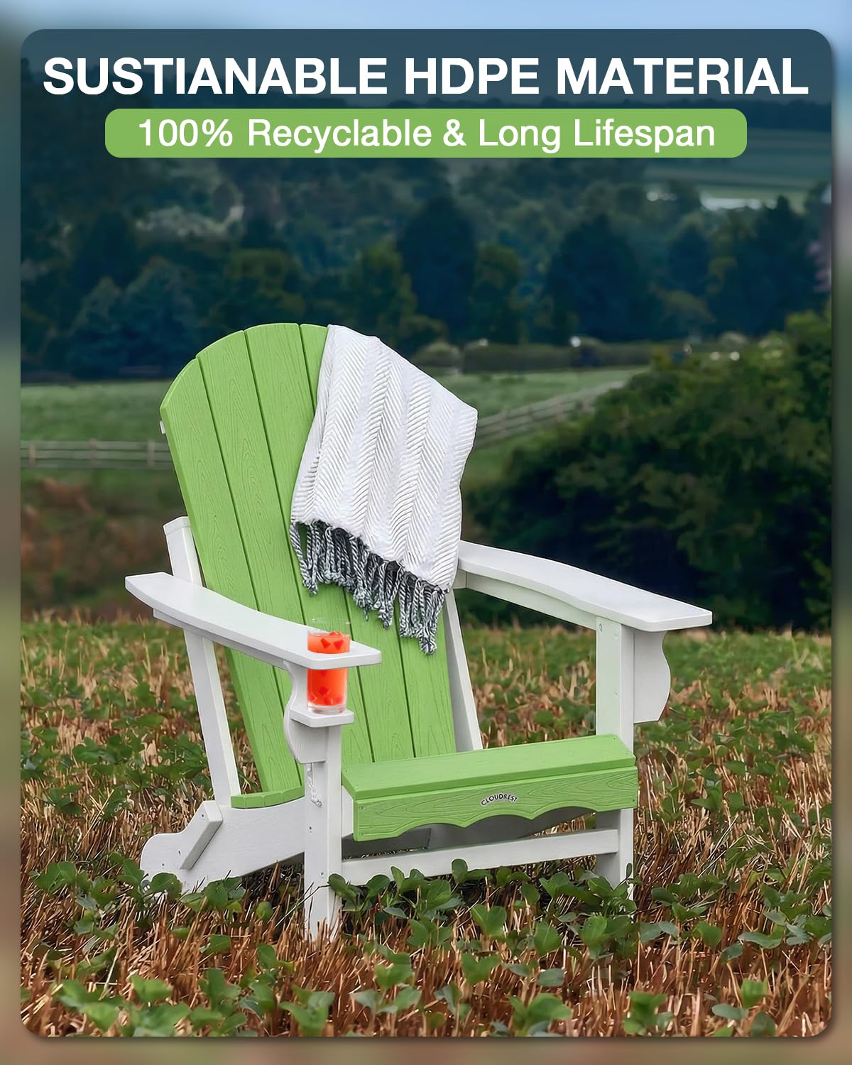 Folding Adirondack Chair –Recyclable HDPE Outdoor Adirondack Patio Chair with Cup Holder, Wood Texture & Umbrella Hole, 25-Year Fade-Free All Weather for Fire Pit, Porch, Poolside, Deck, Lime & White