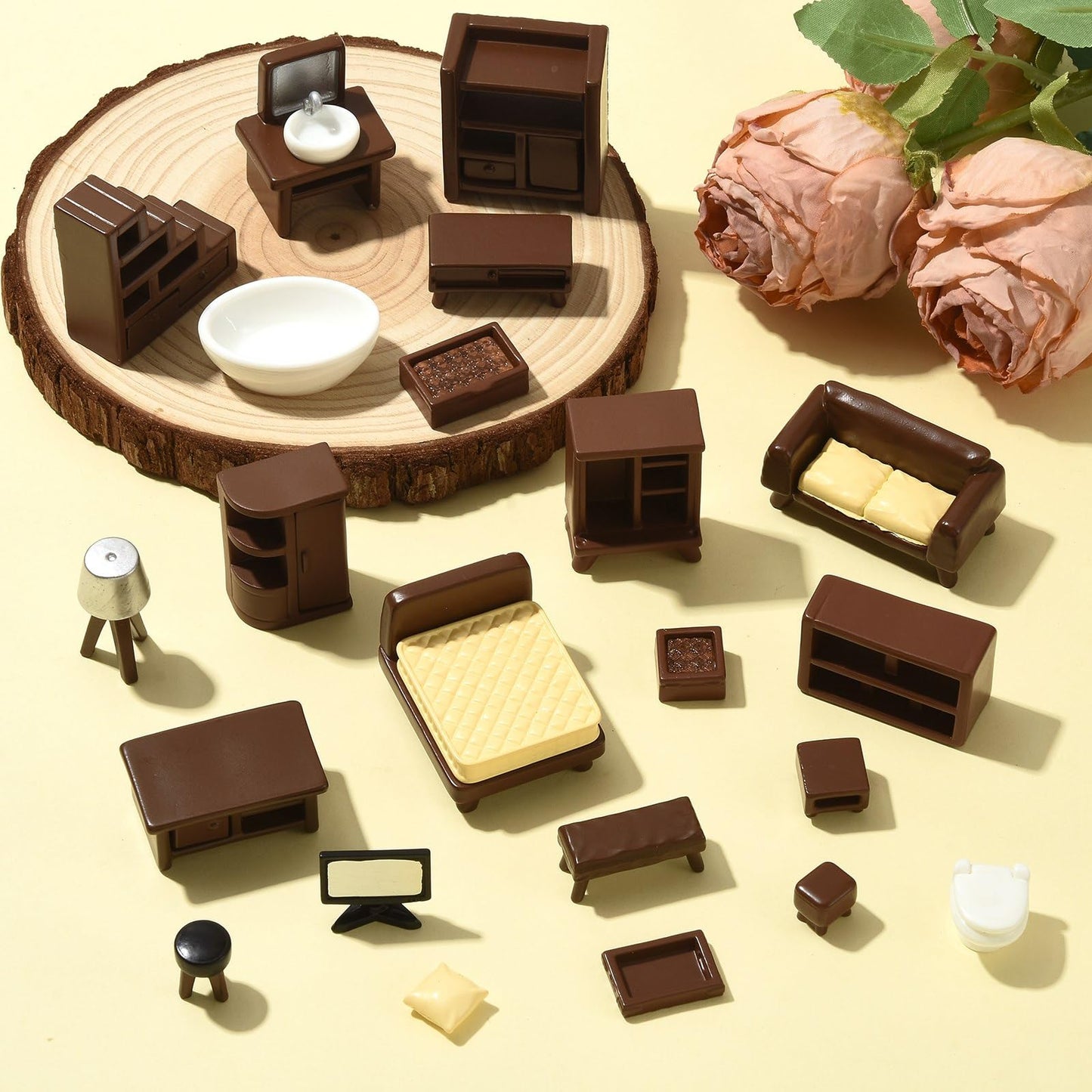 LiQunSweet 22 Pcs Resin Furniture Miniatures Micro 3D Mini Dollhouse Table Chairs Bed Bookshelf Bathroom Living Room Set for Fairy Garden DIY Scene Accessories