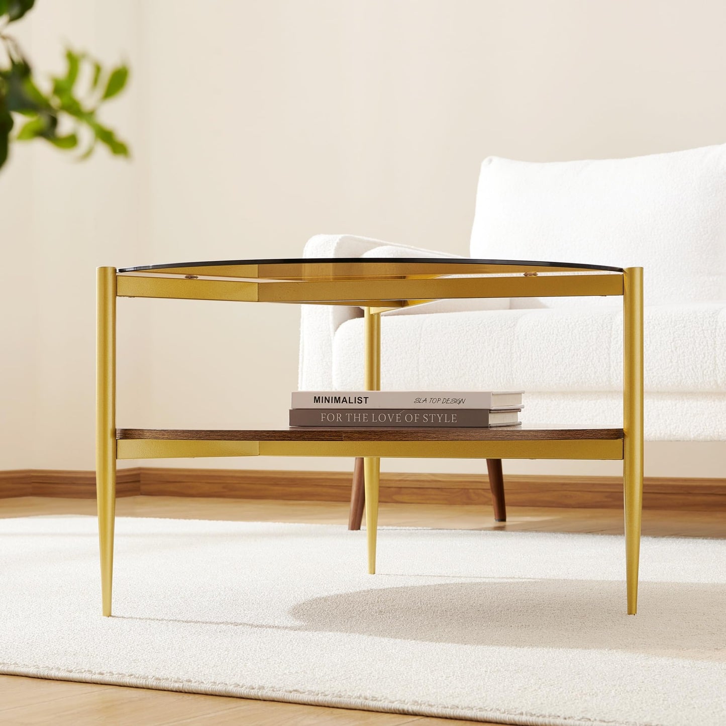 Pine Flicker Round Coffee Table, Mid-Century Modern Design, D30*H17 inch, for Living Room, 2-Tier Structure, Amber Glass Top and Walnut Wood Shelf, Sleek Conical Metal Legs with Gold Finish