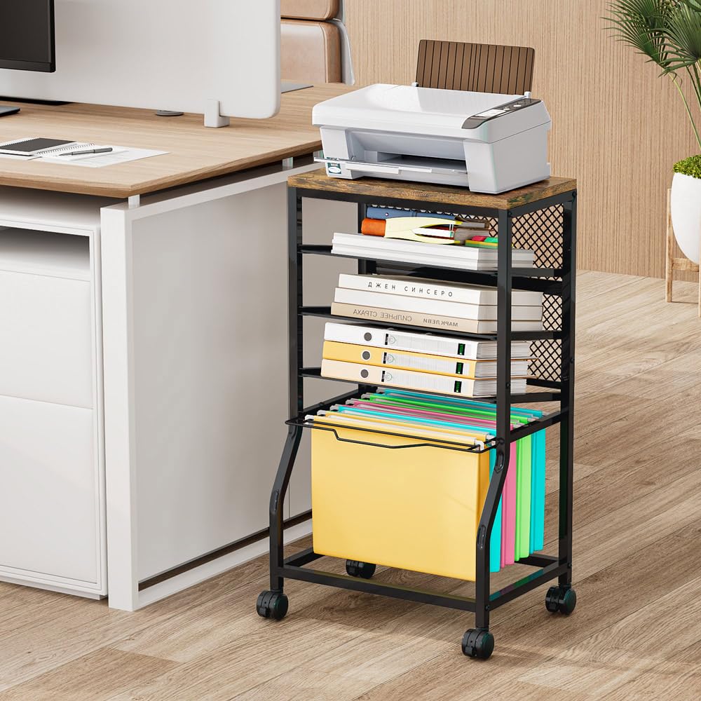 INGIORDAR 5-Tier Rolling File Cart, Under Desk Storage Organizer with Lockable Wheels & Mesh Sliding Trays, Multi-Functional Mobile Utility Cart for Office, Home, School, Black