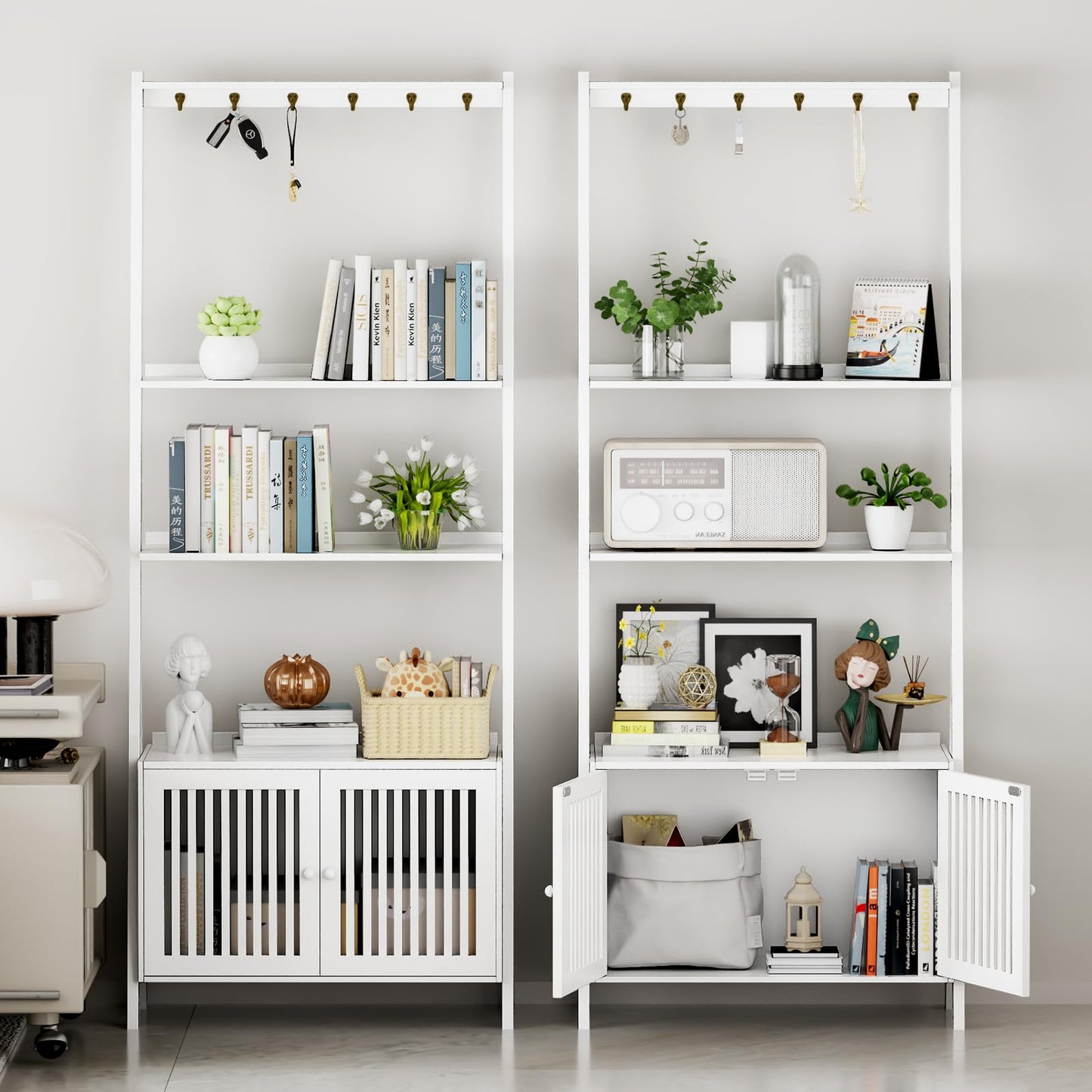 Bookcase with Drawers, 4-Tier Bamboo Bookshelf Ladder Shelf with 6 Hooks, 59.5"H x 24.8"L x 10.6"W, Tall Narrow Freestanding Standing Storage Organizer for Living Room, Office, Bedroom, White
