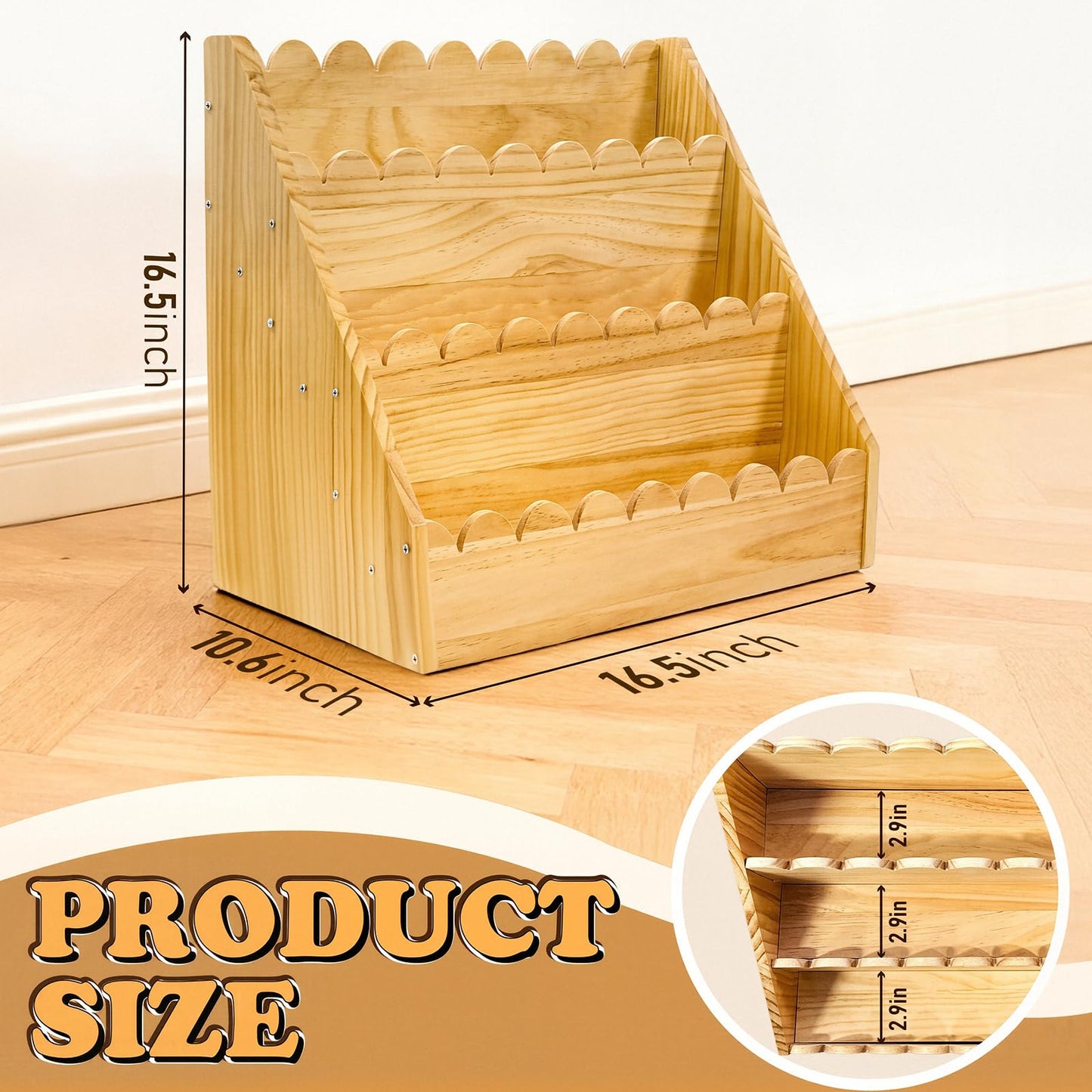 LILXIU 3-Tier Scalloped Bookshelf, Montessori Bookcase for Toddlers, Wooden Book Shelf for Kids Rooms, Playroom Nursery Classroom Organizer and Display Furniture
