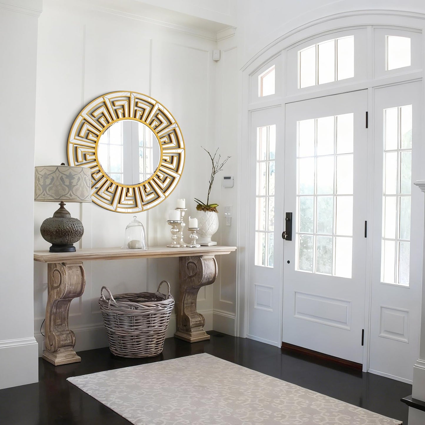 Autdot 31.5"x31.5" Gold Round Mirror with Decorative Geometric Pattern, Accent Wall Mounted Mirror for Modern Living Room, Dining Room, Bedroom, Entryway