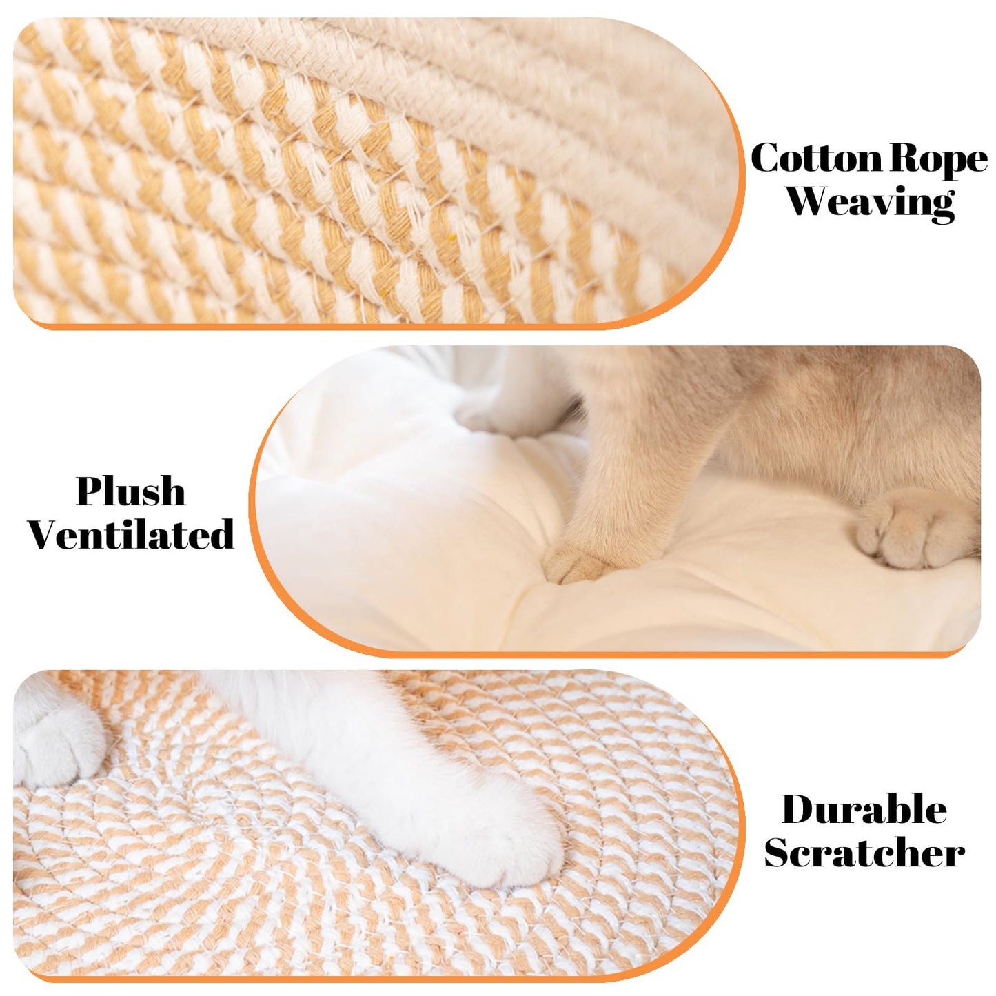 CHEERHOME PETS Cat Bed Basket with Cushion, Cotton Rope Woven Pet Bed for Indoor Cats Couch, Stimulicat Cat Bed Handwoven Breathable, All Season Universal (White)