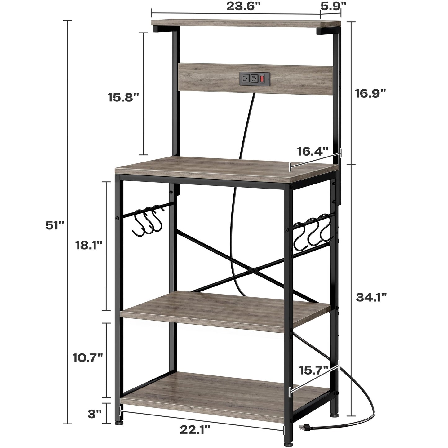 SUPERJARE Kitchen Bakers Rack with Power Outlet, Coffee Bar Table 4 Tiers, Kitchen Microwave Stand with 6 S-shaped Hooks, Kitchen Storage Shelf Rack for Spices, Pots and Pans - Greige