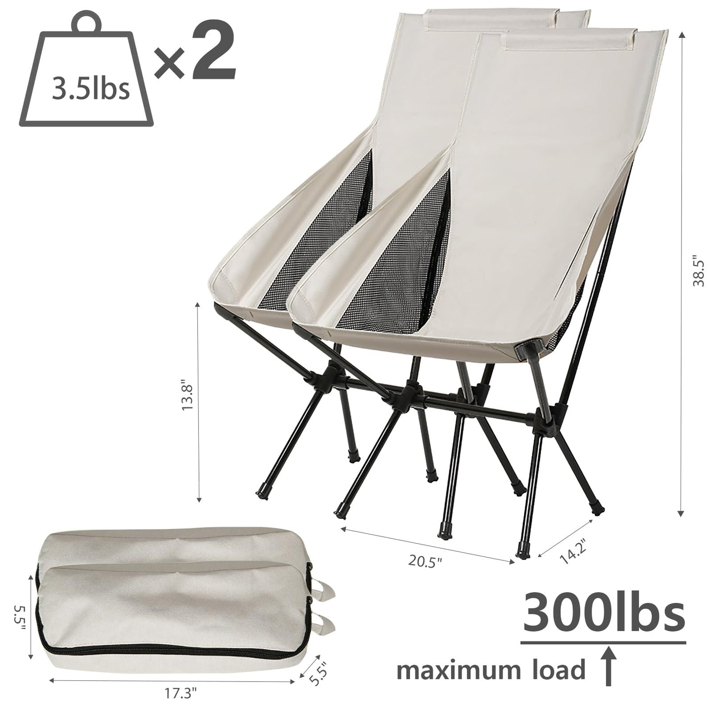 Wind Tour Portable Camping Chair Lightweight Foldable Outdoor Chair for Hiking Camp Backpacking Lawn Beach Fishing Picnic with Carry Bag (High-Back | White-2)