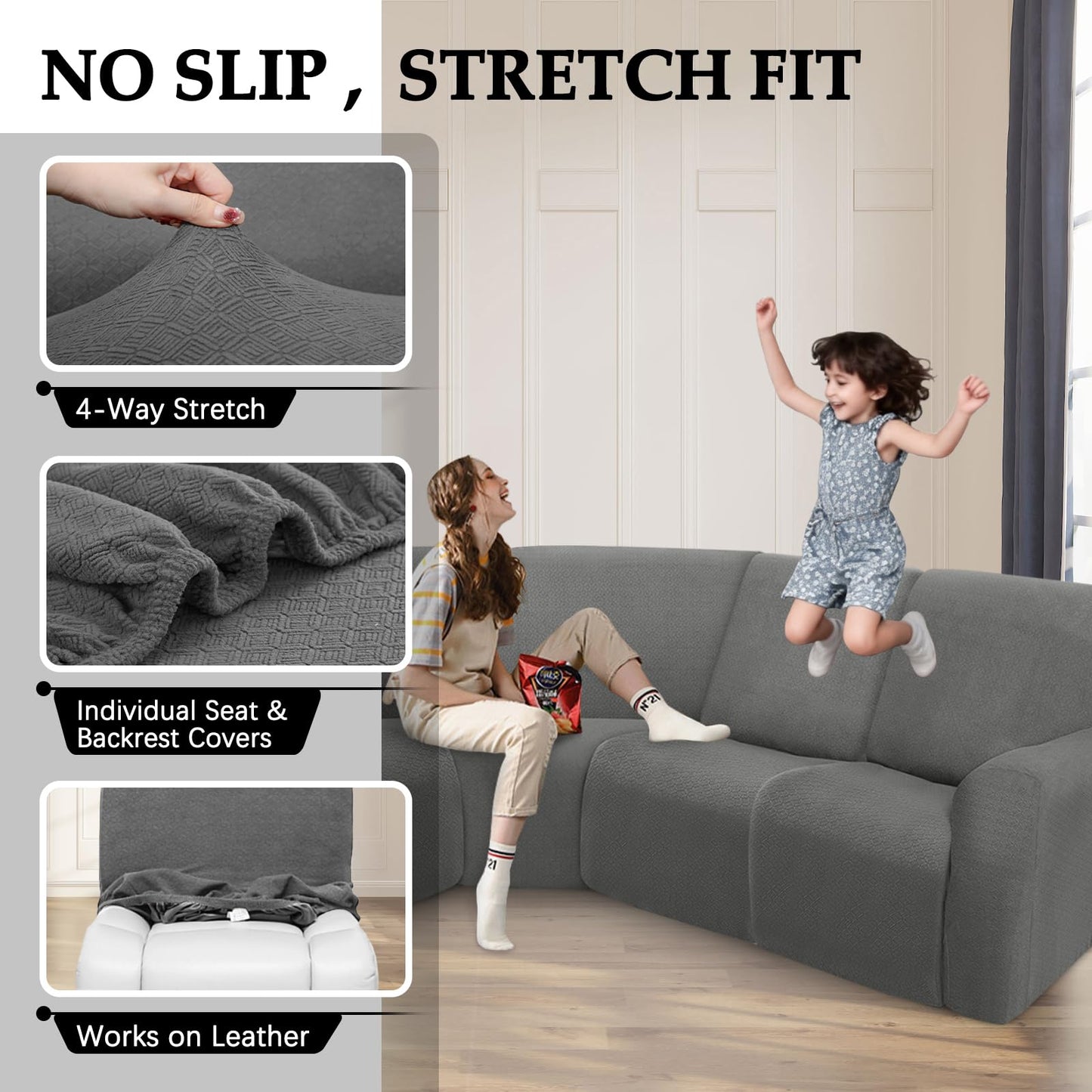 ROFASVCO Waterproof Sectional Recliner Couch Covers for Reclining Couches Washable L Shaped Sofa Cover for Dogs Sectional Stretch Corner Recliner Slipcovers (5 Seater Cover, Charcoal Gray)