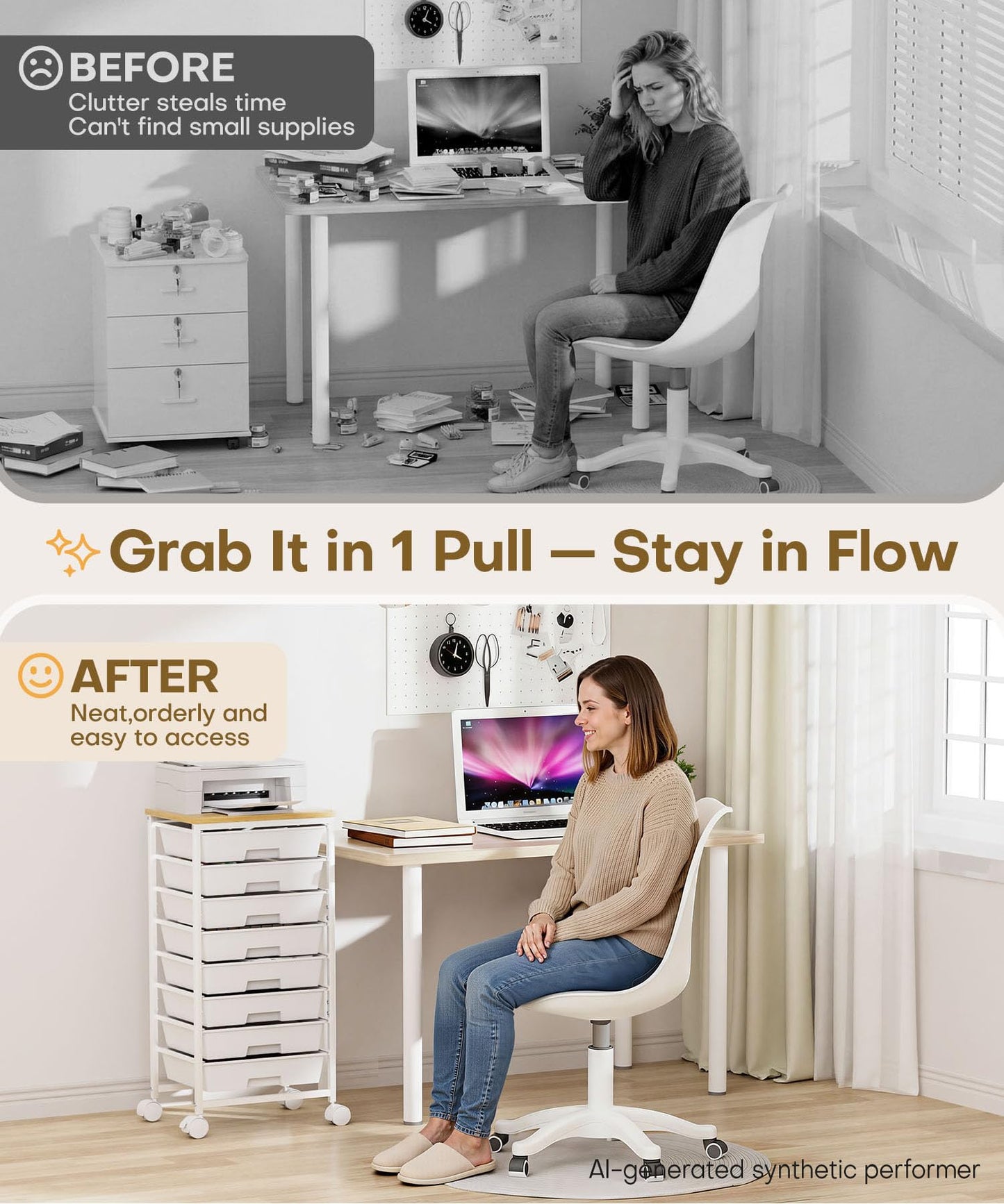 Homde Rolling Storage Drawer Cart: 8-Drawer Sort to Clear Desk & Dresser Clutter - Anti-Fall Smooth Glide Prevents Spill-Out During Daily Grab - Lockable Wheels Keep It Steady