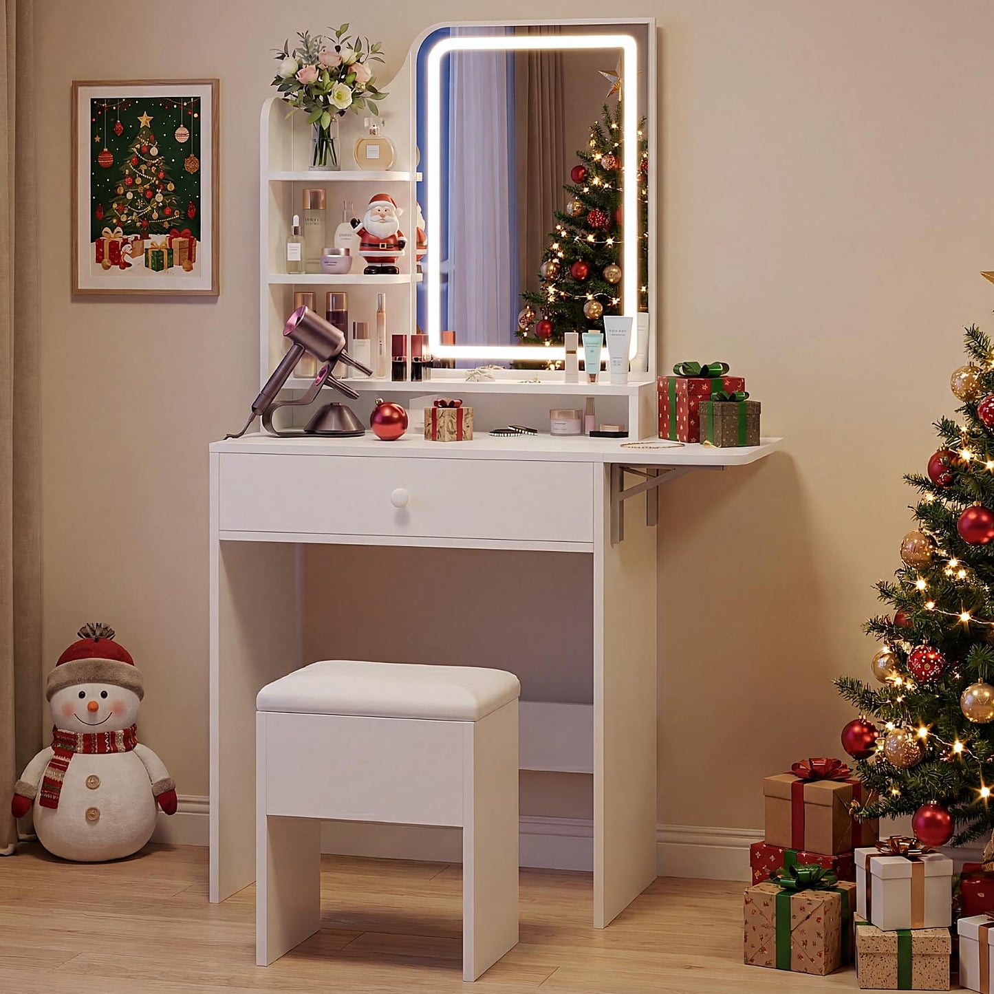 Haewon Small Vanity Desk with Lighted Mirror and Charging Station, Compact Makeup Vanity Set with 3 Lighting Modes, White Dressing Table with Storage Chair, Drawer and Shelves for Bedroom