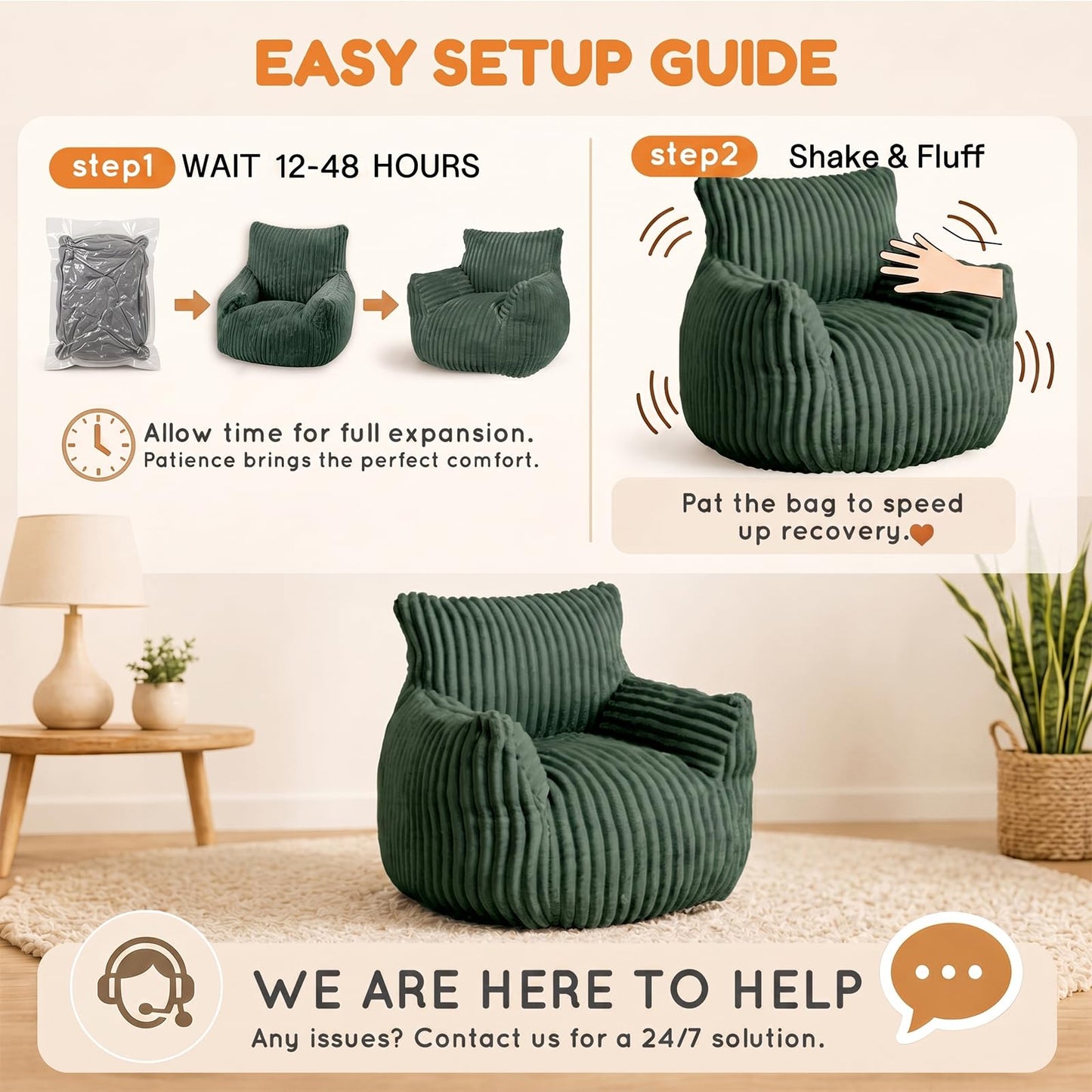 MaxiBean Bean Bag Chair - Plush Faux Fur Floor Seating Furniture Bean Bag Chair for Living Room, Bedroom, Playroom (2.5FT Stripe Green)