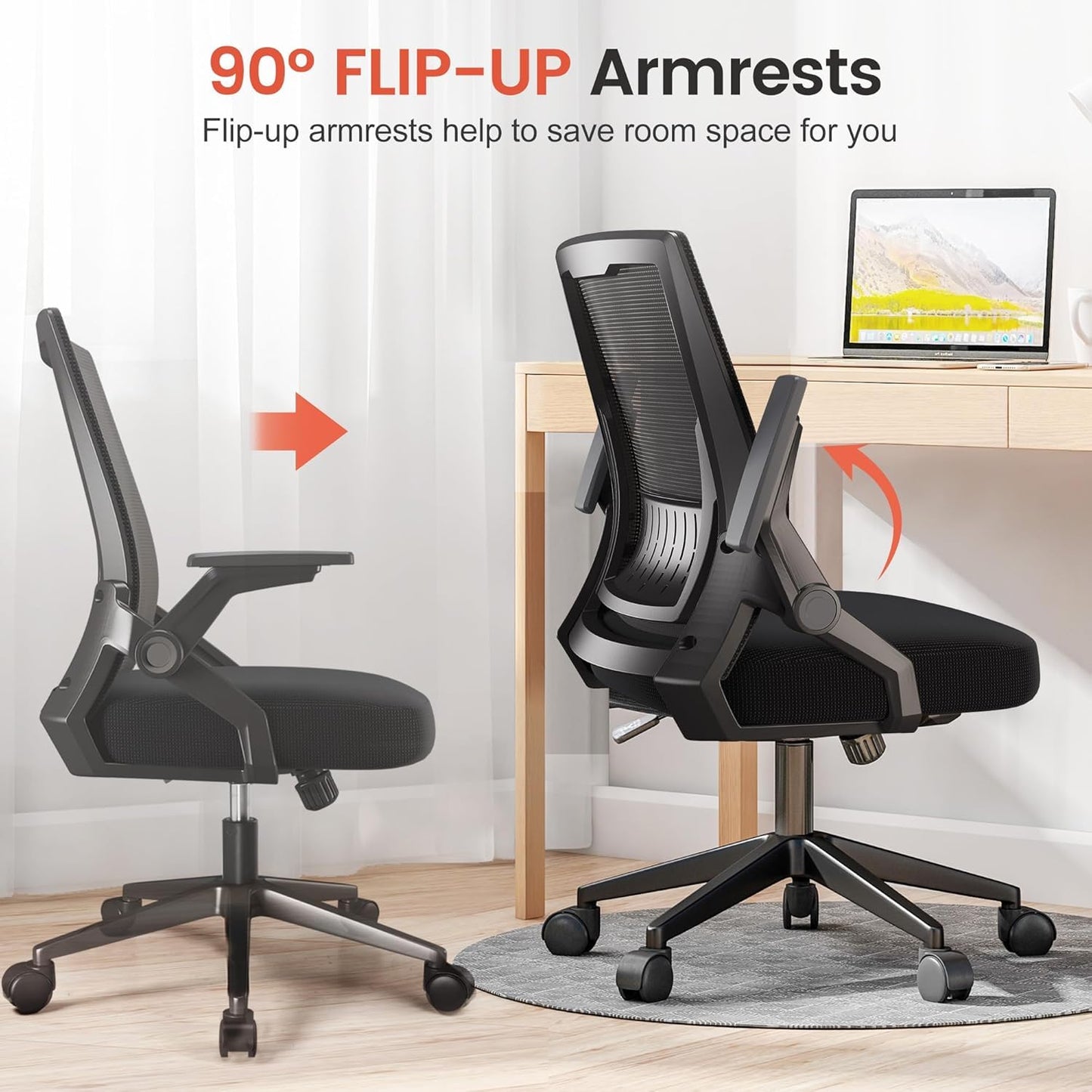 COMHOMA Office Chair with Flip-up Armrests Ergonomic Computer Desk Chair with Adaptive Lumbar Support & Breathable Mesh, Black, Pack of 2