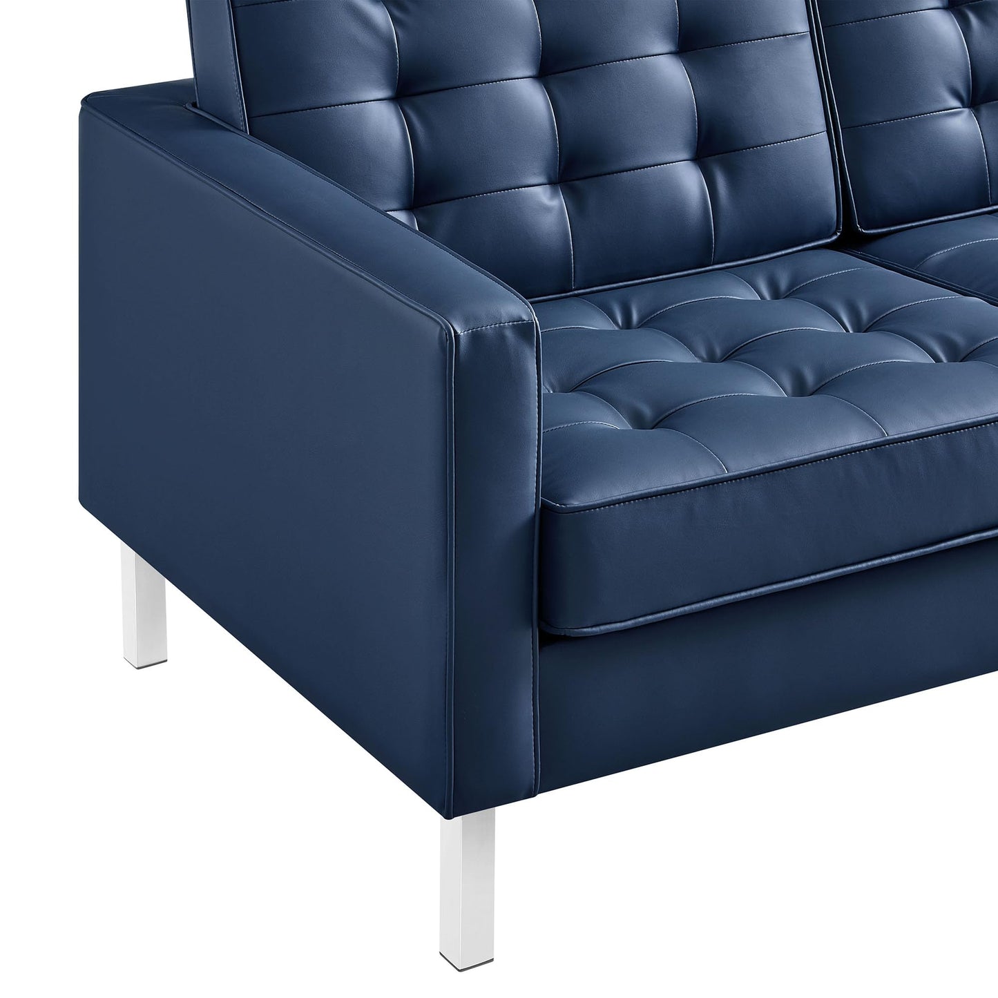 Modway Loft Tufted Button Faux Leather Upholstered Loveseat in Silver Navy