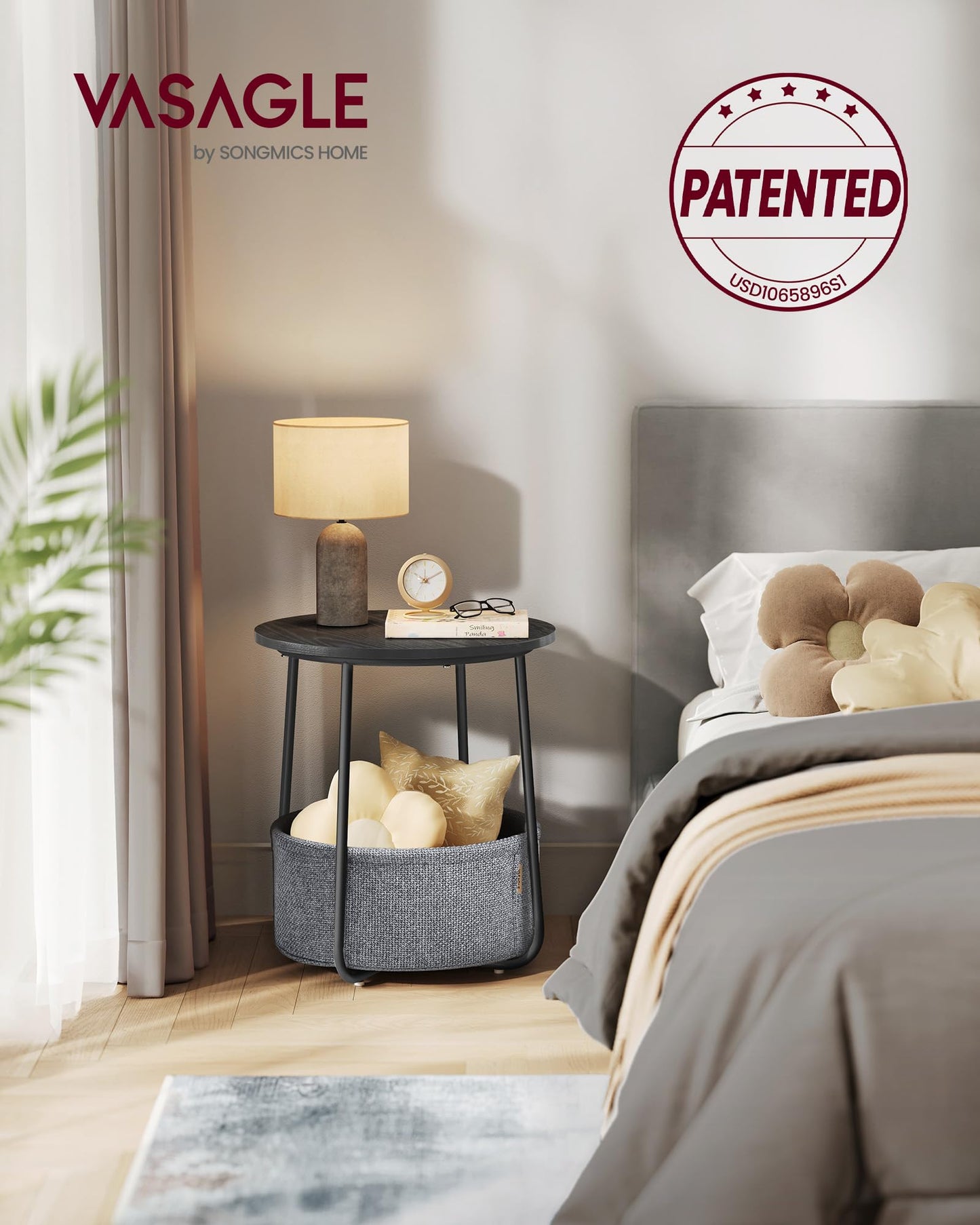 VASAGLE LILEA Collection - Small Round Side End Table, Modern Nightstand with Fabric Basket, Ebony Black and Slate Gray ULET223B01