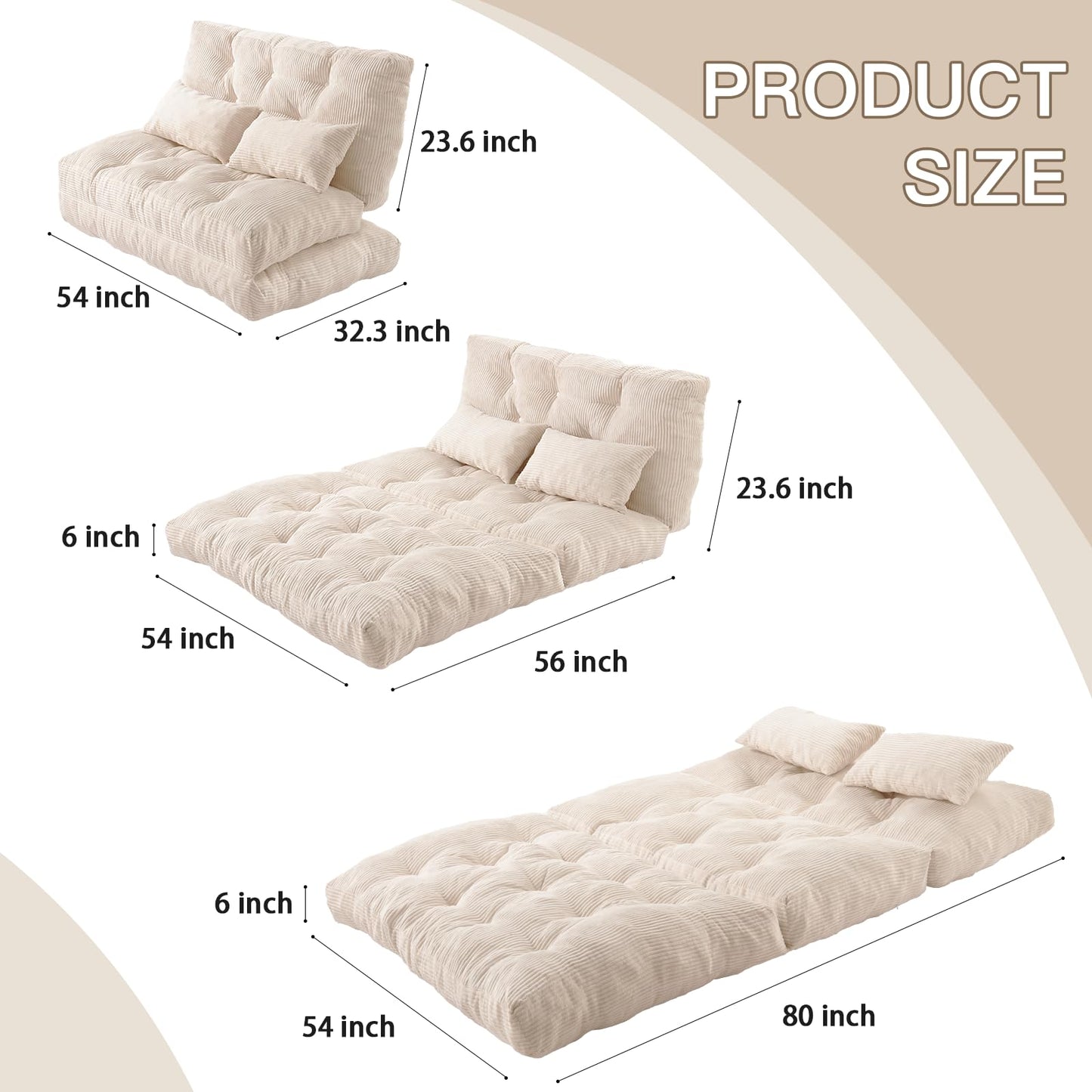 Folding Sofa Bed, Convertible Sleeper Chair with Pillow Foldable Mattress with Back Support, Portable Fold Out Chair Bed Comfy Floor Sofa Lounge for Living Room Bedroom, Beige Full 80x54 Inch