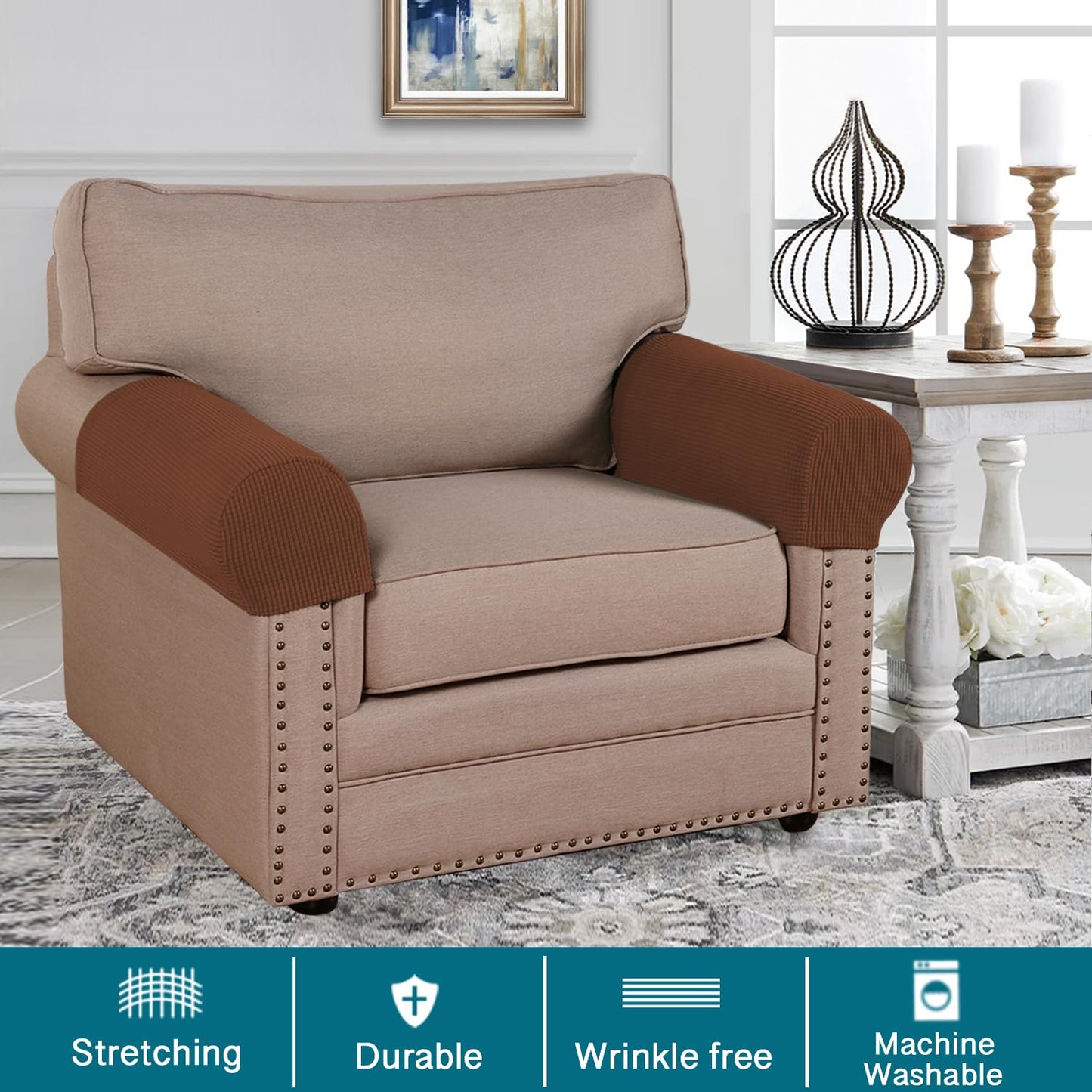 Turquoize Stretch Armrest Covers for Chairs and Sofas Couch Arm Covers for Sofa Spandex Jacquard Armrest Cover Anti-Slip Furniture Protector Armchair Slipcovers for Recliner Set of 2, Caramel