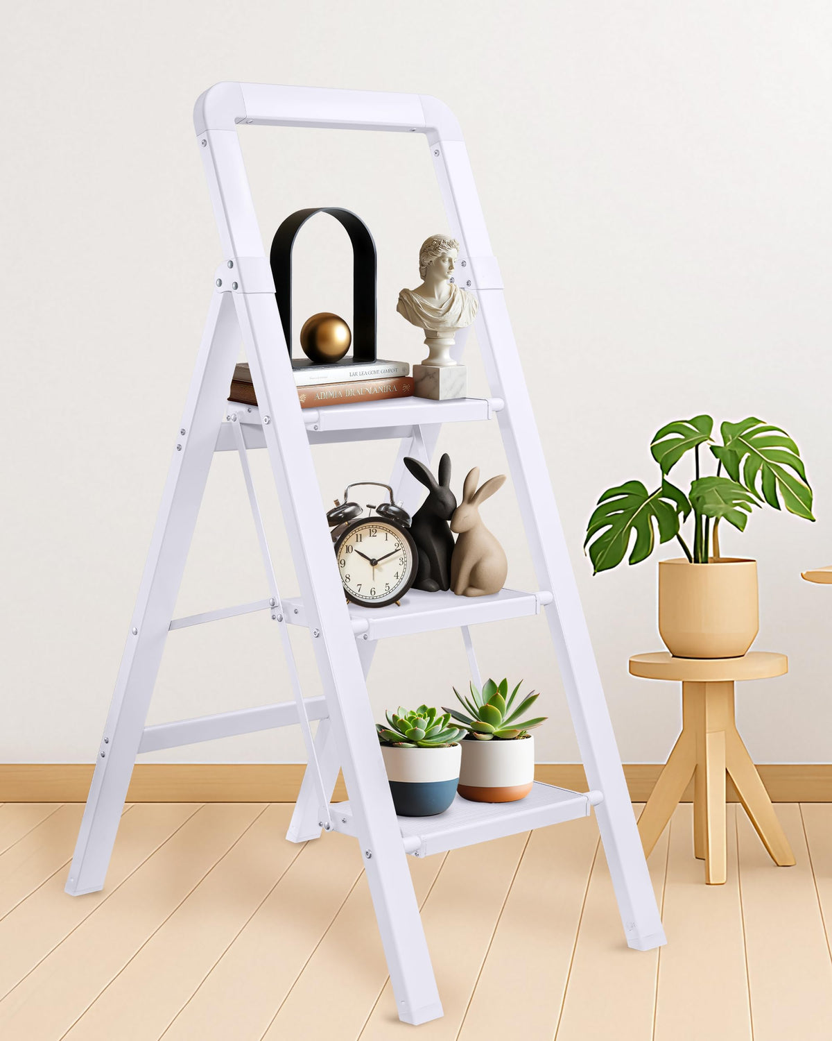 BIBKOKE Step Ladder 4-Step White Finish Aluminum Folding Step Ladders,Anti-Slip Max 330 lbs