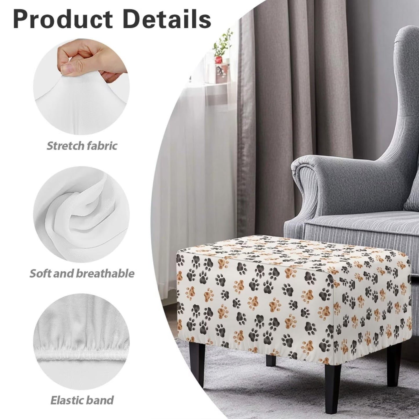 Cugasmaru Ottoman Cover Rectangle Pet Paw Print Ottoman Slip Cover with Pattern Small Bench Covers Slipcover Rectangle Furniture Protector with Elastic Bottom for Living Room Decor