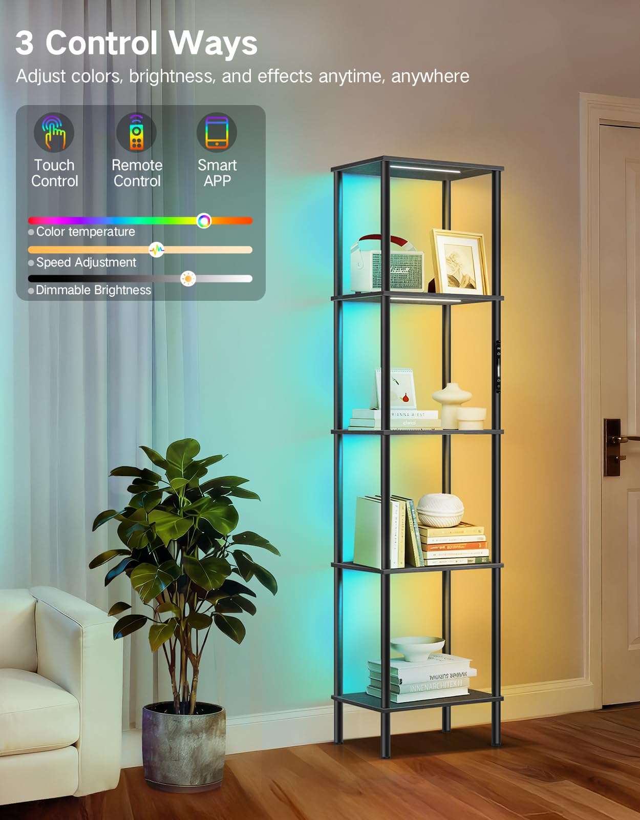 OUTONLIFE 5 Tier Display Shelves with RGB Lights, Display Cabinet with Touch & APP & Remote Control, Dimmable Bookshelf with Music Sync, Adjustable Color Lighting for Living Room, Bedroom(Black)