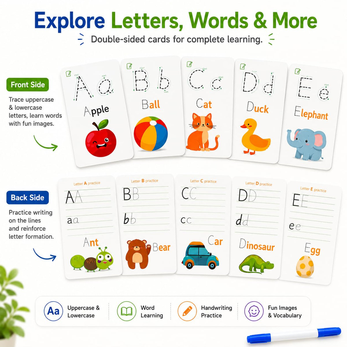 Write & Wipe Activity Cards for Kids, Reusable Tracing Flash Cards, Preschool Handwriting Practice Set, Letter Number Math Learning Activities Ages 3-6 (Letter Tracing)