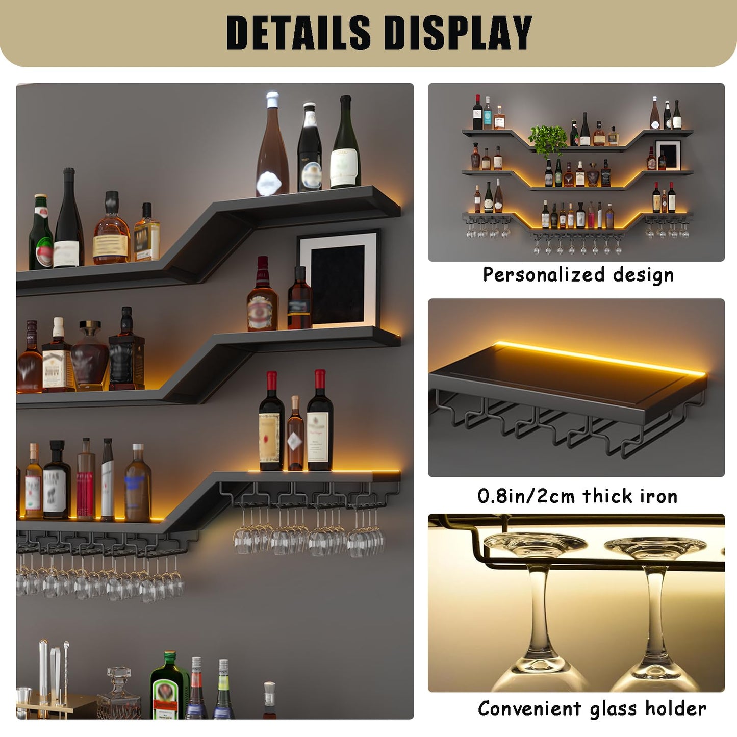 31.5in Modern LED Wine Rack Wall Mounted, 3-Tier Floating Bar Shelves with Wine Glass Rack, Large Hanging Liquor Shelf Wall Mounted, for Home Bar Dining Room Cafe Decorative (Black, 31.5in/80cm)
