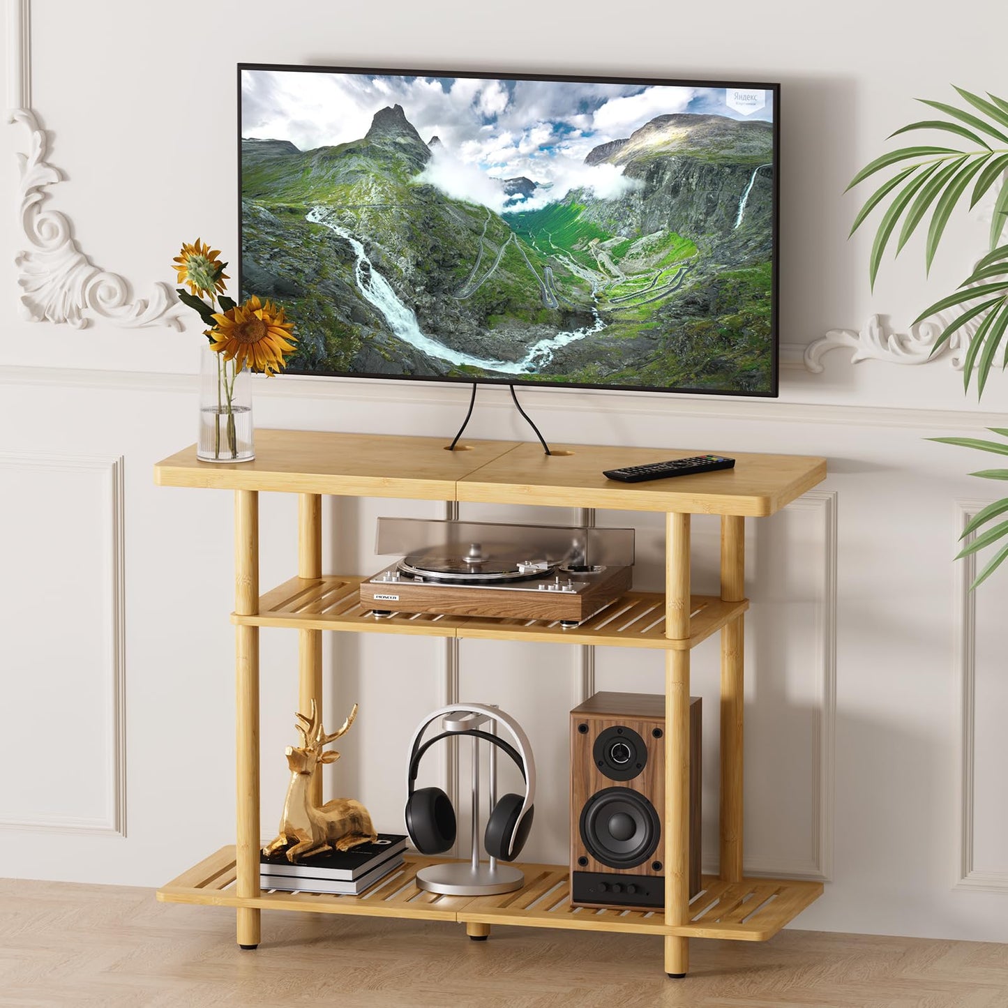 Atoping Bamboo TV Stand, Small TV Stands for up to 32 Inch, 3-Tier Entertainment Center TV Shelf with Storage, Sturdy Corner TV Stand for Small Spaces, 31.5 x 24.2 x 11.8 inches