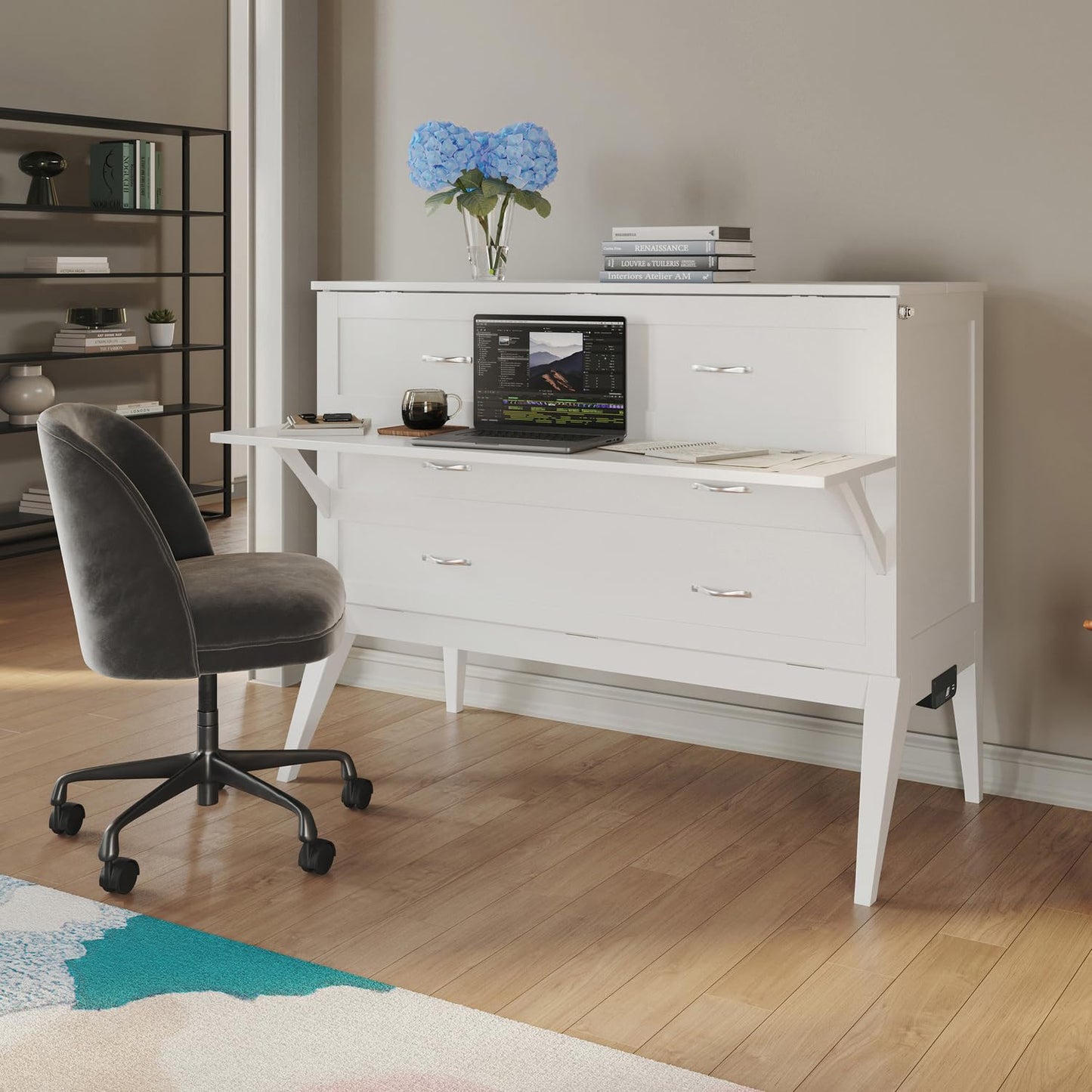 Maykoosh Full Murphy Bed Desk with 6" Mattress & Built in Charger in White