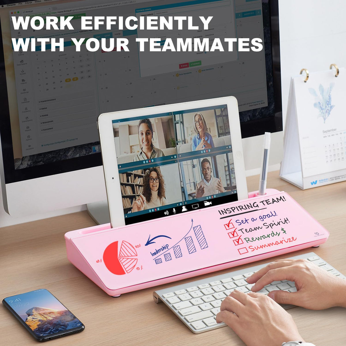 TSJ OFFICE Desktop Whiteboard Dry-Erase-Board - Computer Keyboard Stand White Board Surface Pad with Drawer, Desk Organizers with Accessories for Office, Home, School Supplies - Complete Pink