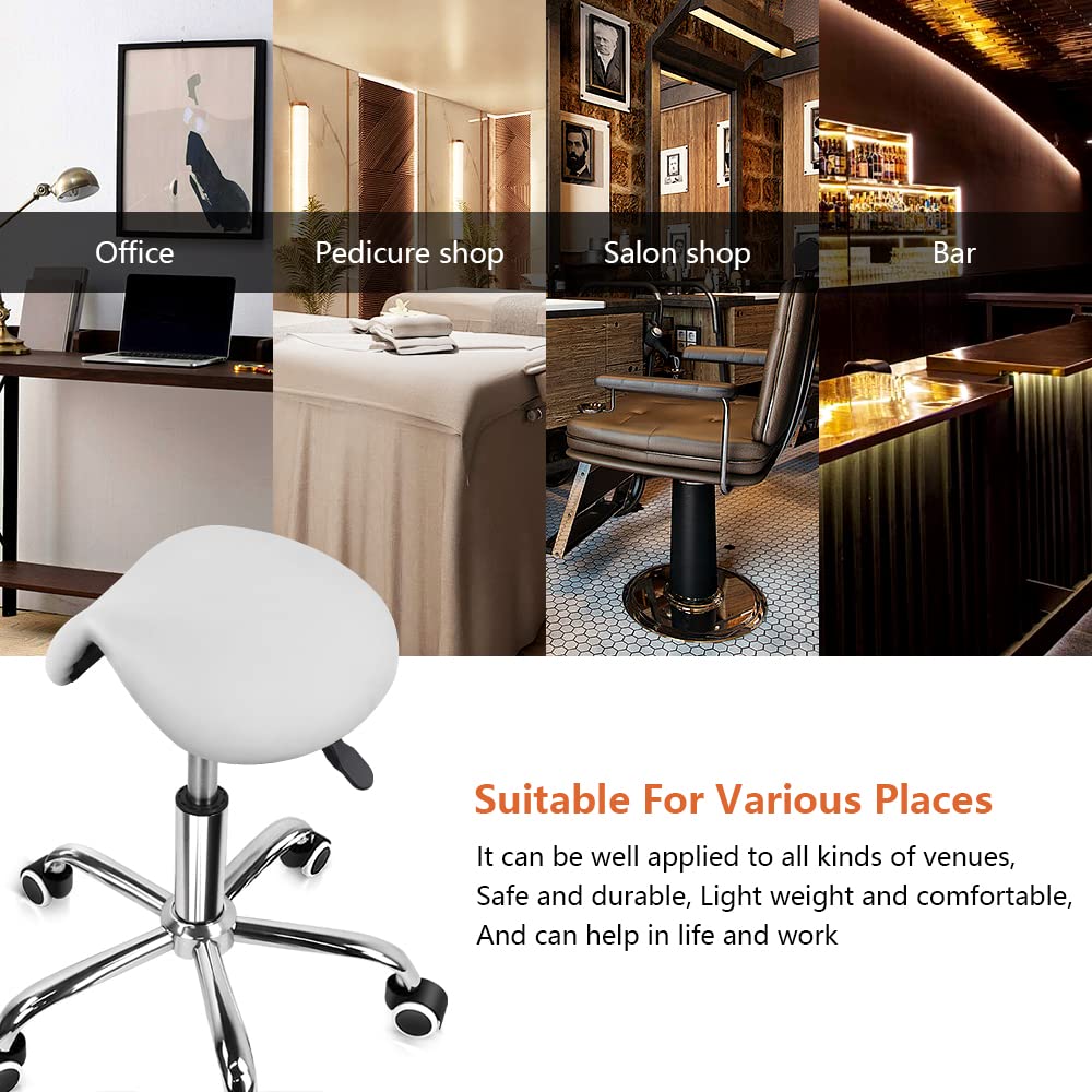 KKTONER Rolling Saddle Stool PU Leather Swivel Adjustable Rolling Stool with Wheels Salon Chair White