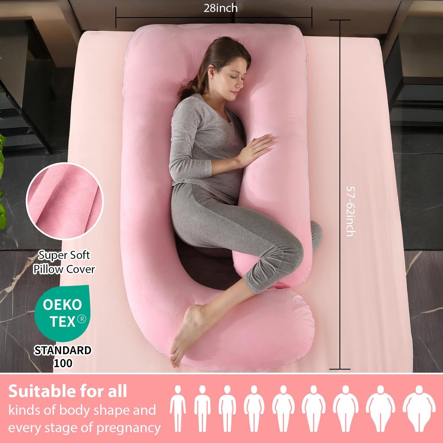 BATTOP Pregnancy Pillows for Sleeping- U Shaped Full Body Maternity Pillow, Pregnancy Pillow for Side Sleepers with Removable Cover, Supports Back, Hips, Belly & Legs (Pale Pink)