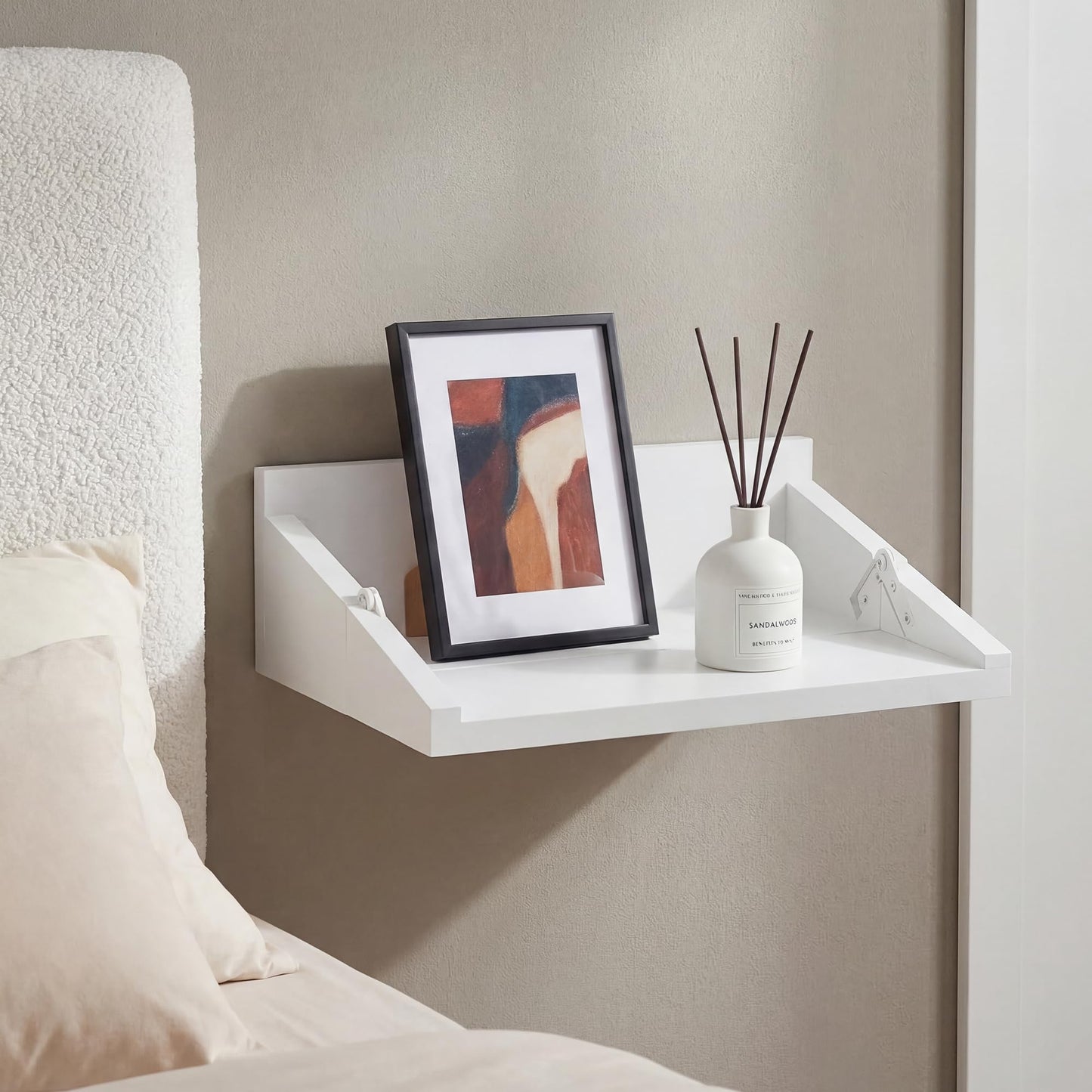 SUMGAR Floating Nightstand White Modern Bedside Table Organiser Fully Assembled Shelf Small Spaces Wall Mounted Storage Pine Wood Furniture for Bedroom Home Decor 13 Inch Wide
