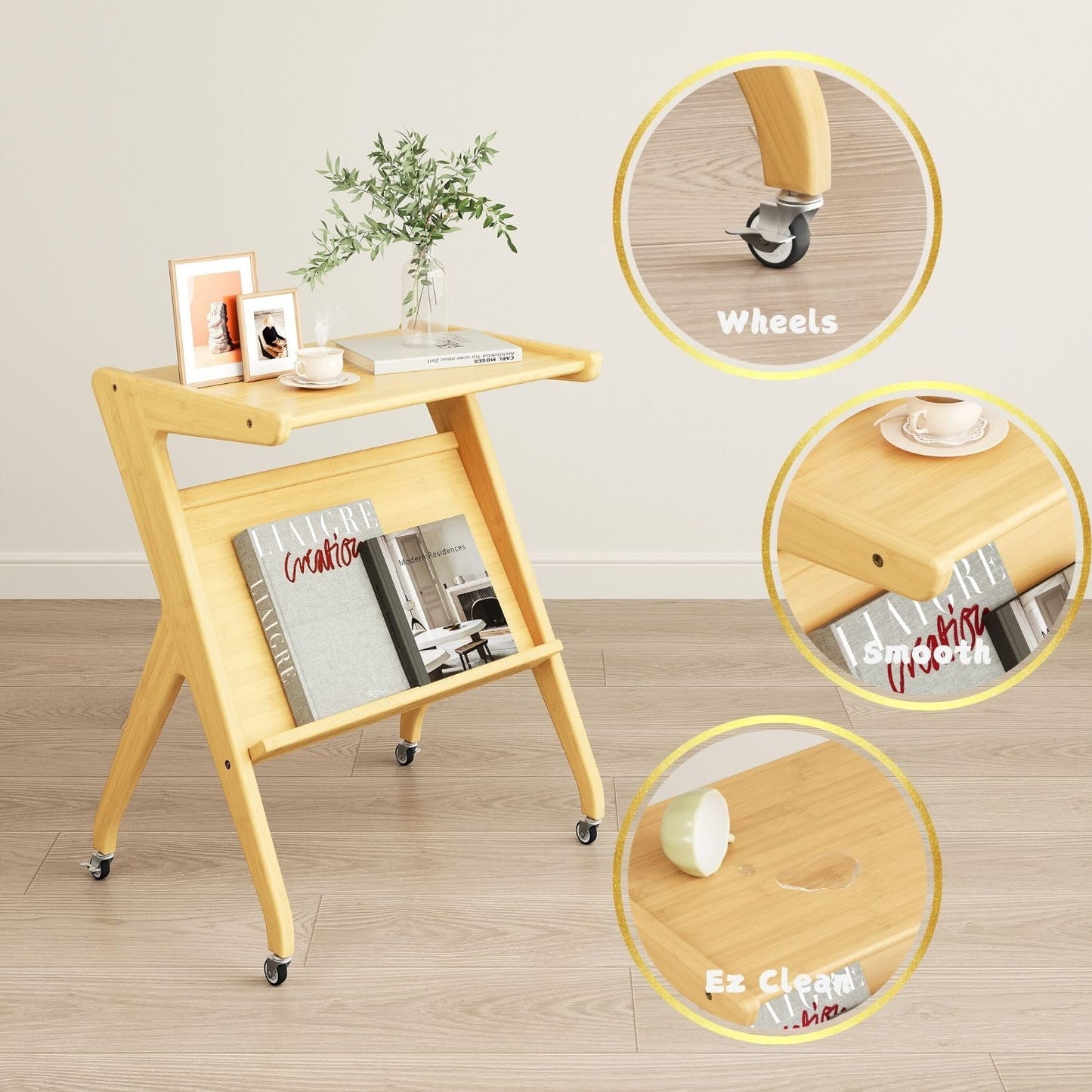 Auroral Zone Solid Wood 2-Tier Rolling Side Table with Lockable casters, Mobile Small End Table with Magazine Rack for Living Room, Bedroom & Sofa