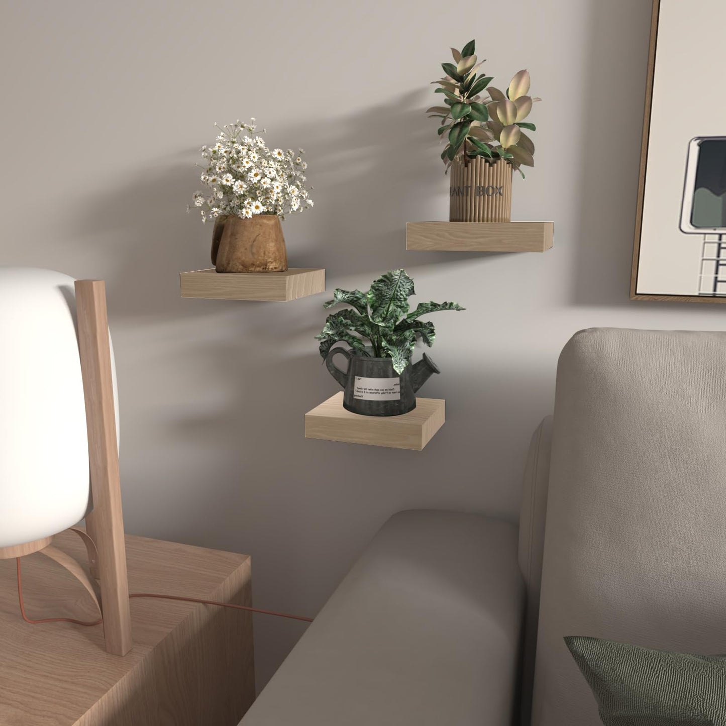 PopiShelves Small Floating Shelves for Wall - 6 Inch Mini Square Natural Wood Shelves for Bedroom, Living Room, Bathroom, Kitchen, Office Decor Set of 3