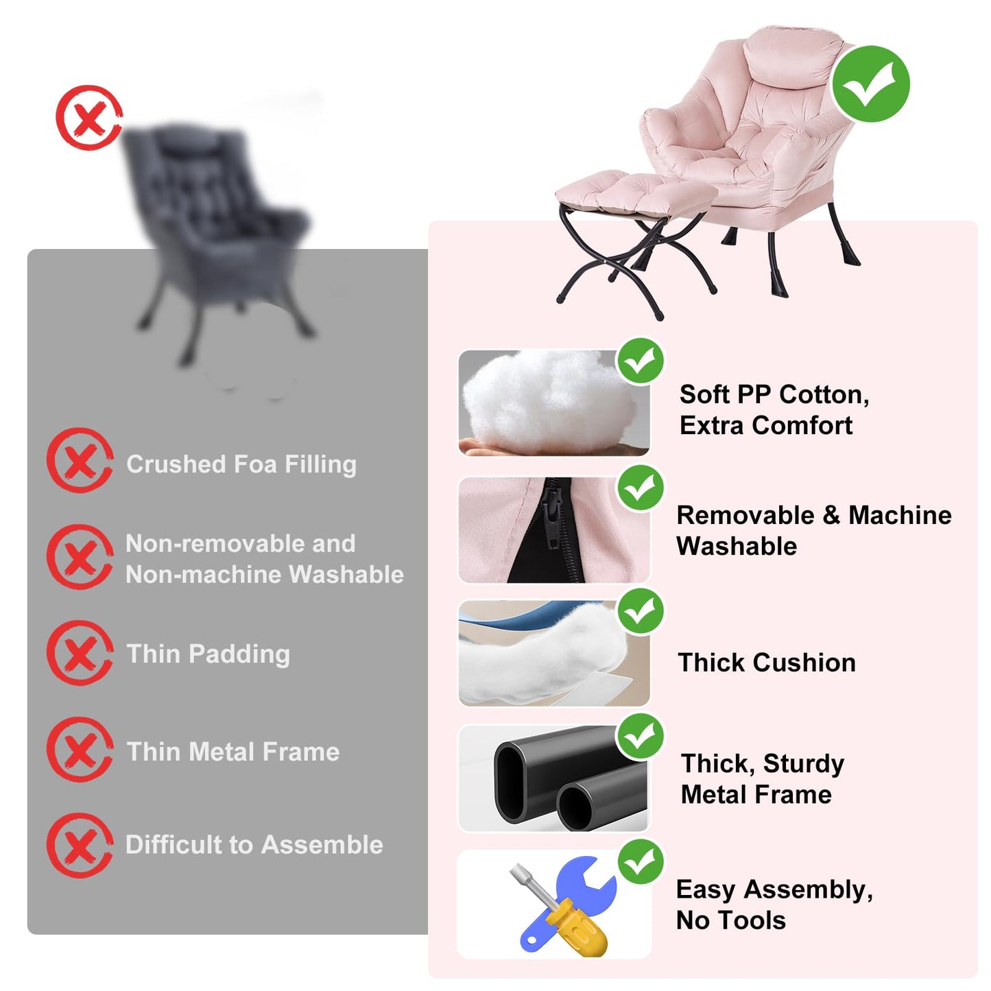 Furlide Lazy Chair with Ottoman, Modern Chair with Folding Footrest, Lounge Accent Chair, Comfortable Reading Chair, Oversized Armchairs for Bedroom, Study, Living Room, Courtyard (Pink)