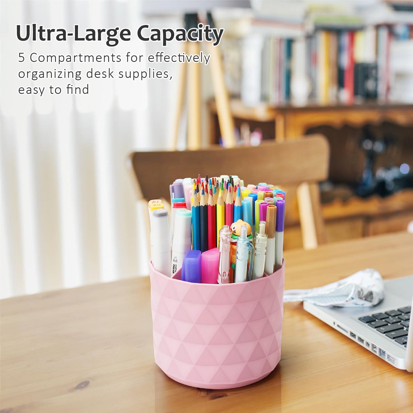 Nuozme Desk Organizer, 360-Degree Rotating Pencil Pen Holders For Desk, Diamond Pattern Pen Organizer With 5 Compartments, Cute Desk Accessories Decor For Office, School,Home,Art Supply (Green)