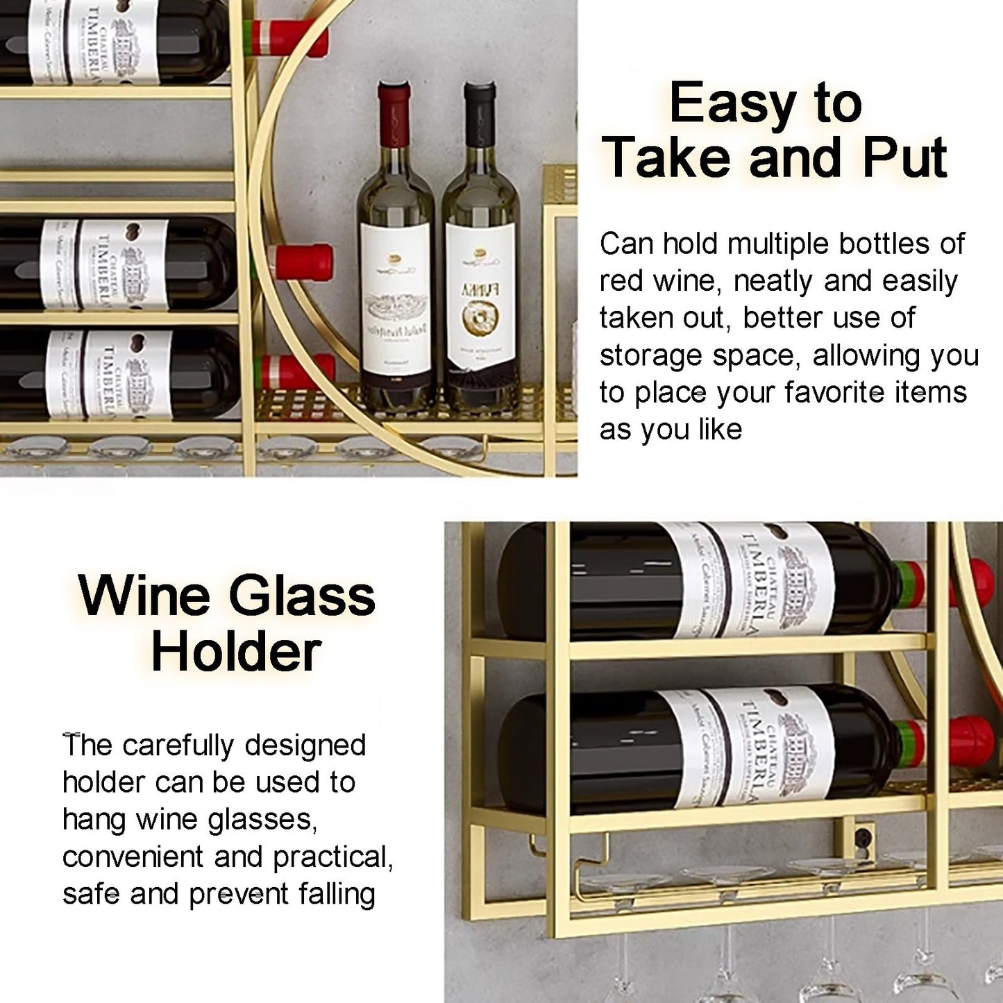 Stylish Industrial Wall Mounted Wine Rack with Floating Shelves & Stemware Hanger - Perfect Wine Storage Solution for Home Bar, Kitchen & Dining Room (Red 47.3"x4.3"x28.3")