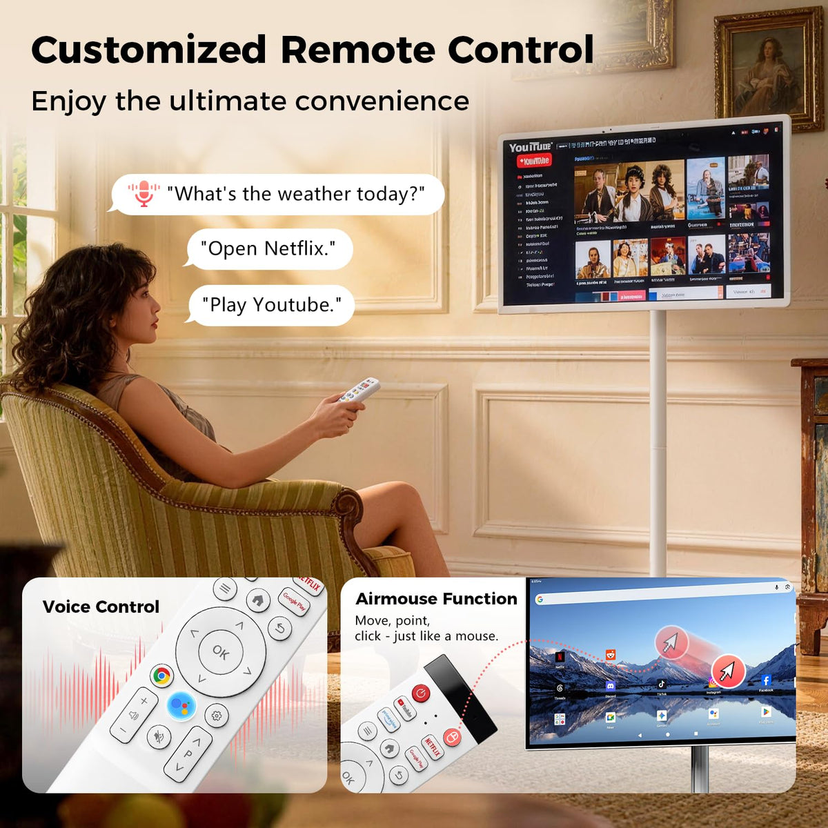 32 Inch Smart Portable TV, FHD Touch Screen Rolling Monitor on Wheels, Android 15 8GB +128GB, Wireless Tablet Display with Camera, 20W Speaker, EDLA-Certified 38,400 mAh Battery Voice Airmouse Remote