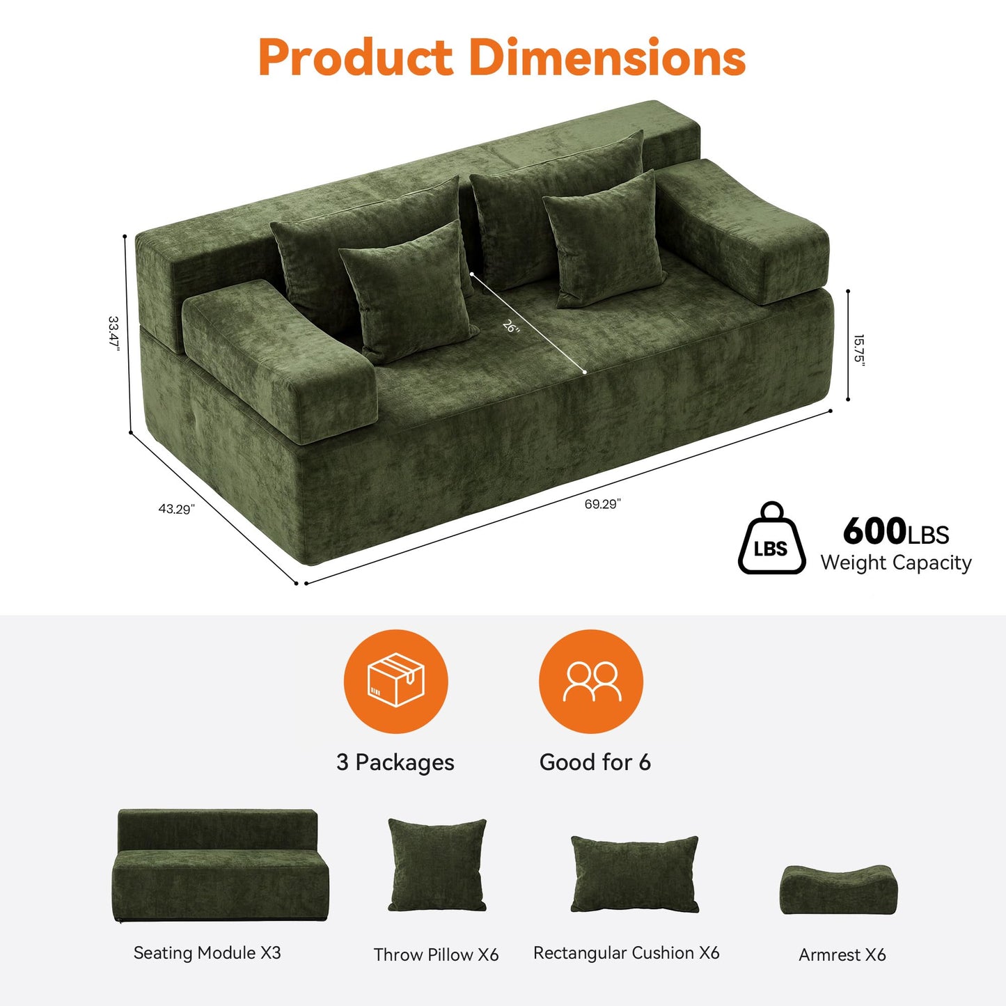 MONVANE 3-Piece Boneless Loveseat Couch Set for Living Room, Oversized Modular Sectional Sofa Set with Removable Armrests, Comfy Chenille Cloud Couch with 12 Pillows, No Assembly Required, Green