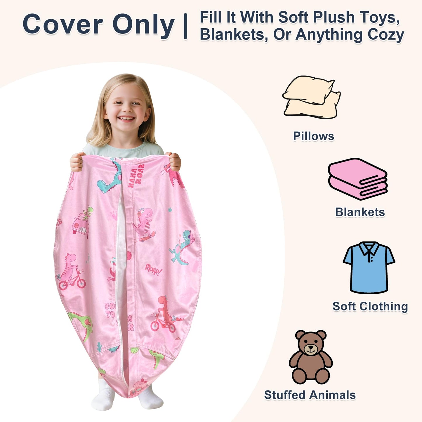 Lukeight Dinosaur Stuffed Animals Storage Bean Bag Chair Cover for Kids, Cozy Velvet Plush Toy Organizer Seat, Cover Only, No Filling Included, Long YKK Zipper, Side Pocket, X-Large 30 x 18 in