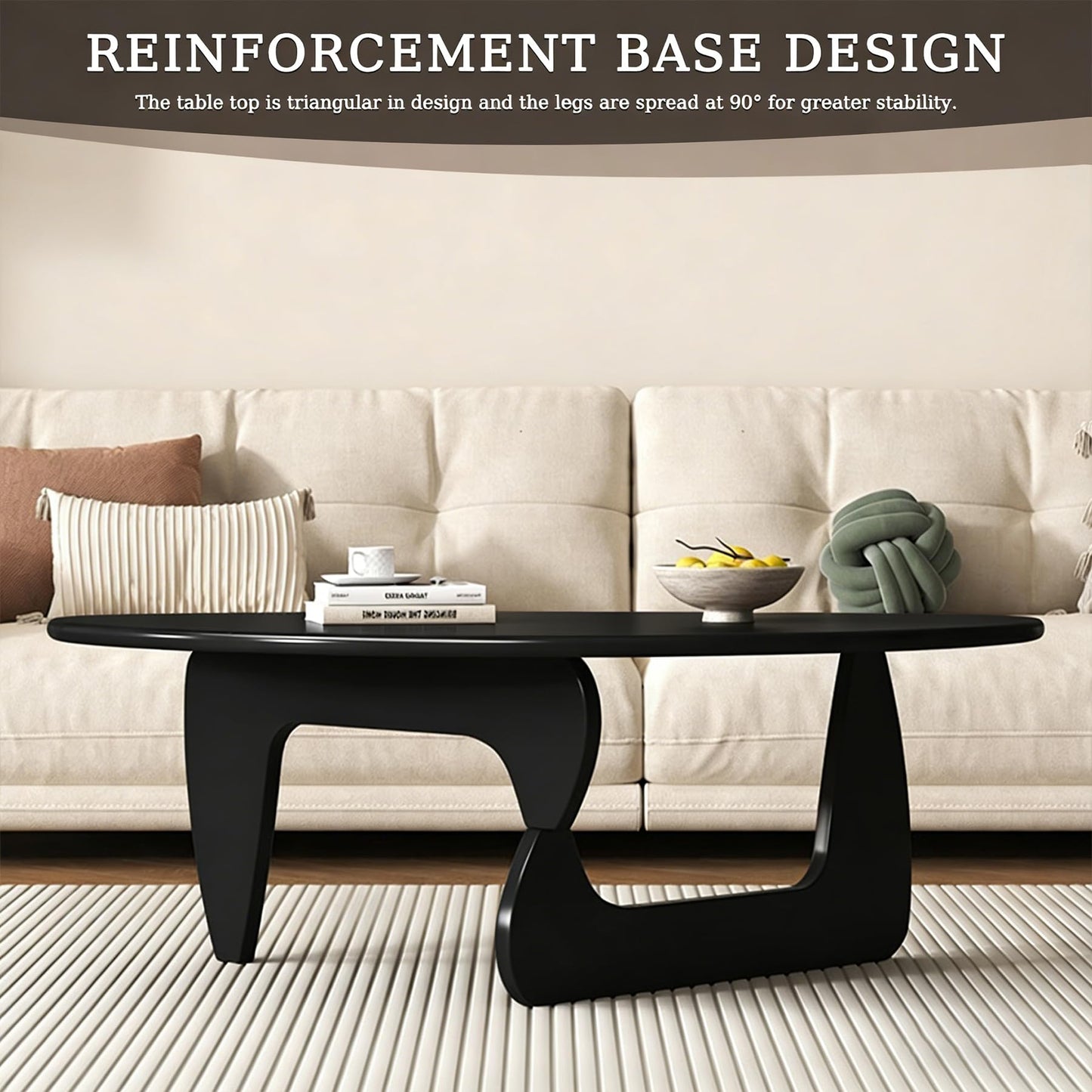 Coffee Table Solid Wood Oval Rustic Mid-Century Modern Low Center Table for Living Room, Office, Small, Black, 34.3", Easy to Install