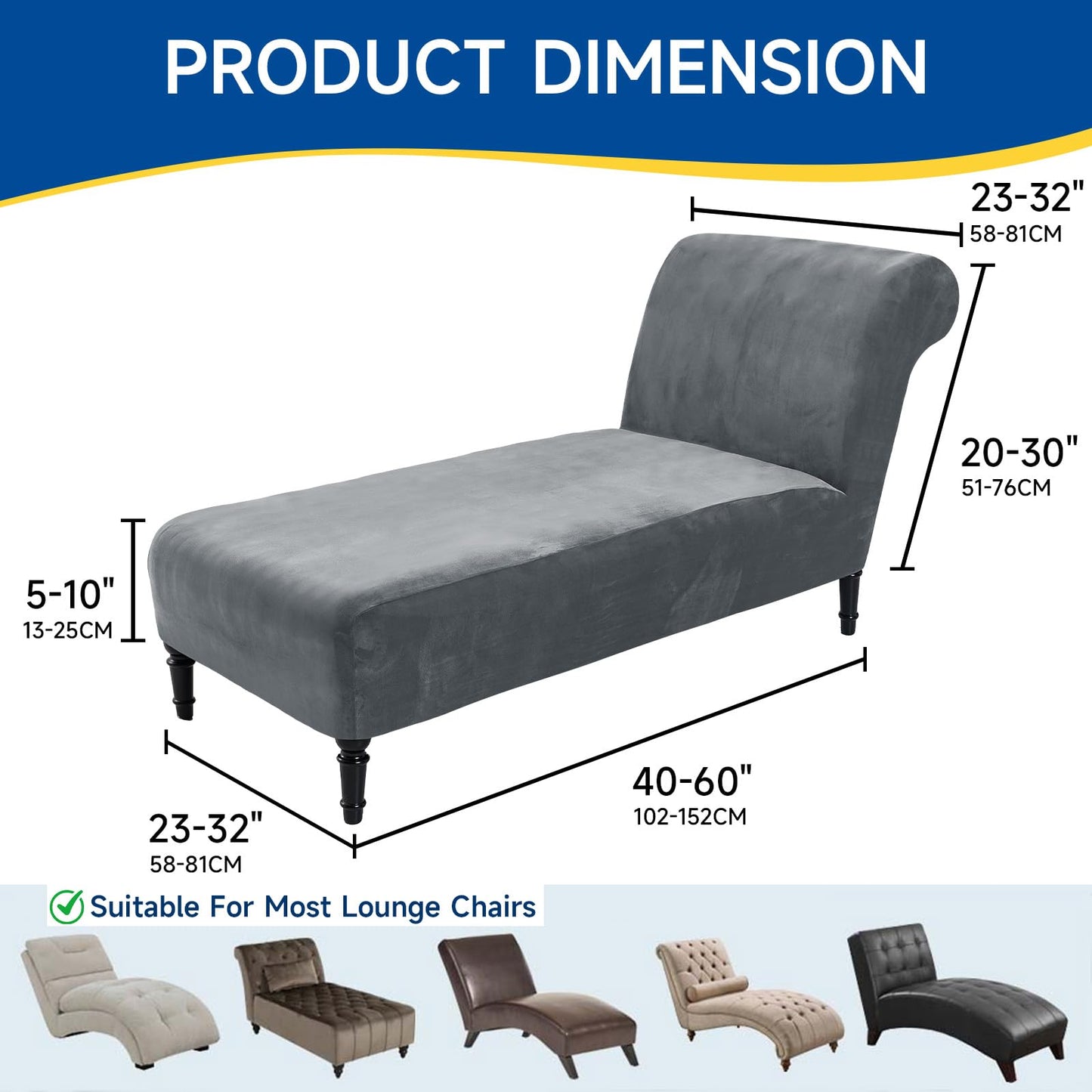 Velvet Chaise Lounge Cover Indoor Armless Chaise Slipcover Luxury High Stretch Ultra Soft Lounge Chair Covers Modern Machine Washable Chair Cover for Living Room Bedroom Furniture, Dark Grey