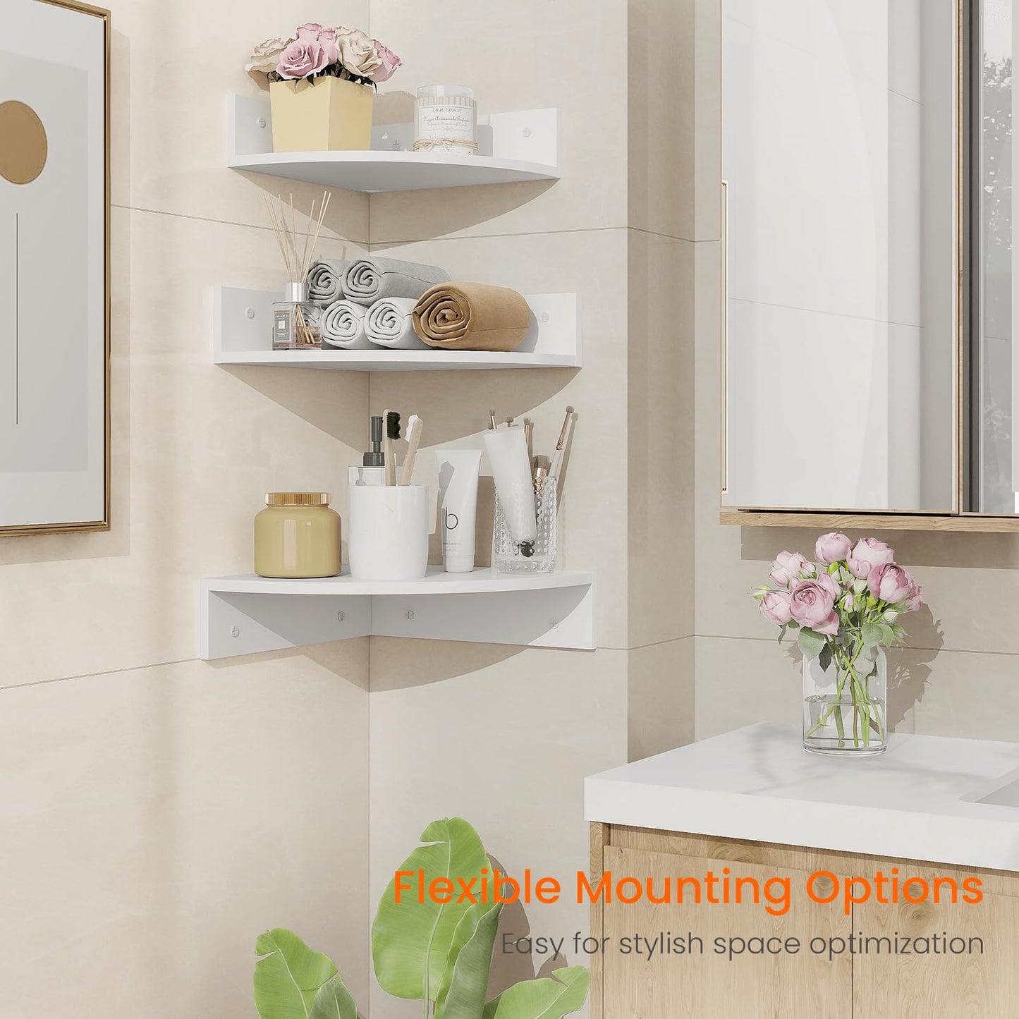 Homode Floating Corner Shelves, Set of 3 Wood Corner Wall Shelves with Wire Hole, 12 Inch Deep Hanging Corner Display Shelf for Living Room, Kitchen, Bedroom, White