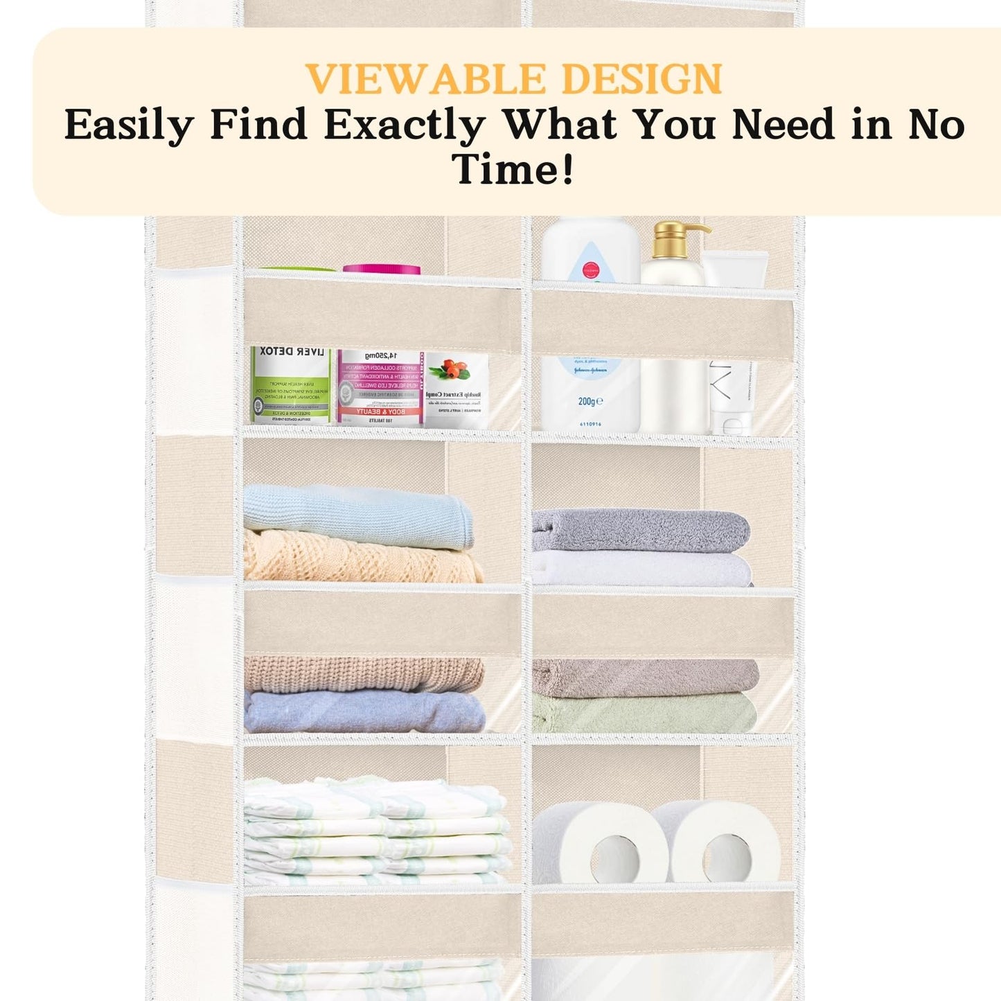 2 Pack Over The Door Organizer 6 Tiers, Extra Large Behind Door Storage of 12 Compartments, 80 lbs Weight Capacity Hanging Storage Organizer with Clear Window Kids Toys,Shoes (6 Tiers - Beige)