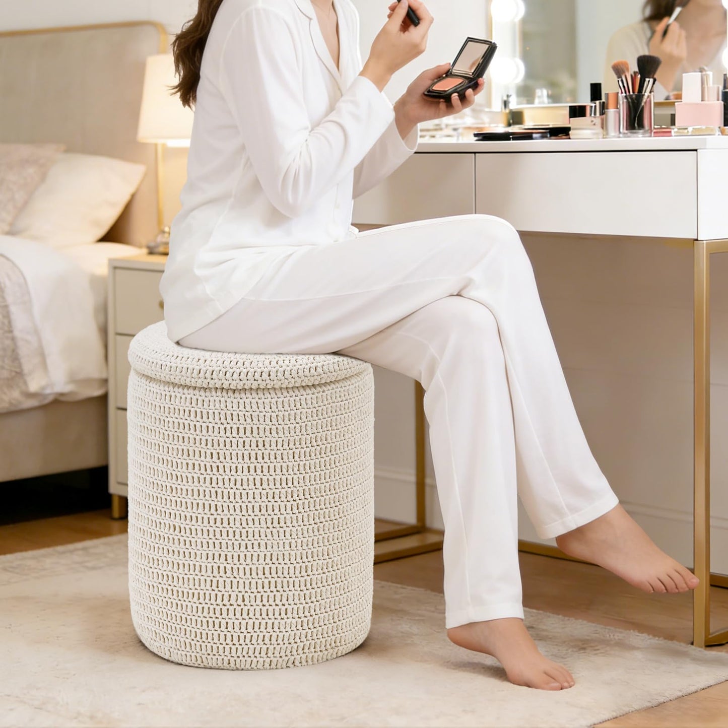 Wimarsbon Pouf Ottoman, 100% Cotton Knitted Boho Footstool, Round Footrest with Non-Skid Wood Legs, Home Décor Handmade Pouffe, Leisure Floor Step Stool for Living Room (14inch White Storage Ottoman)