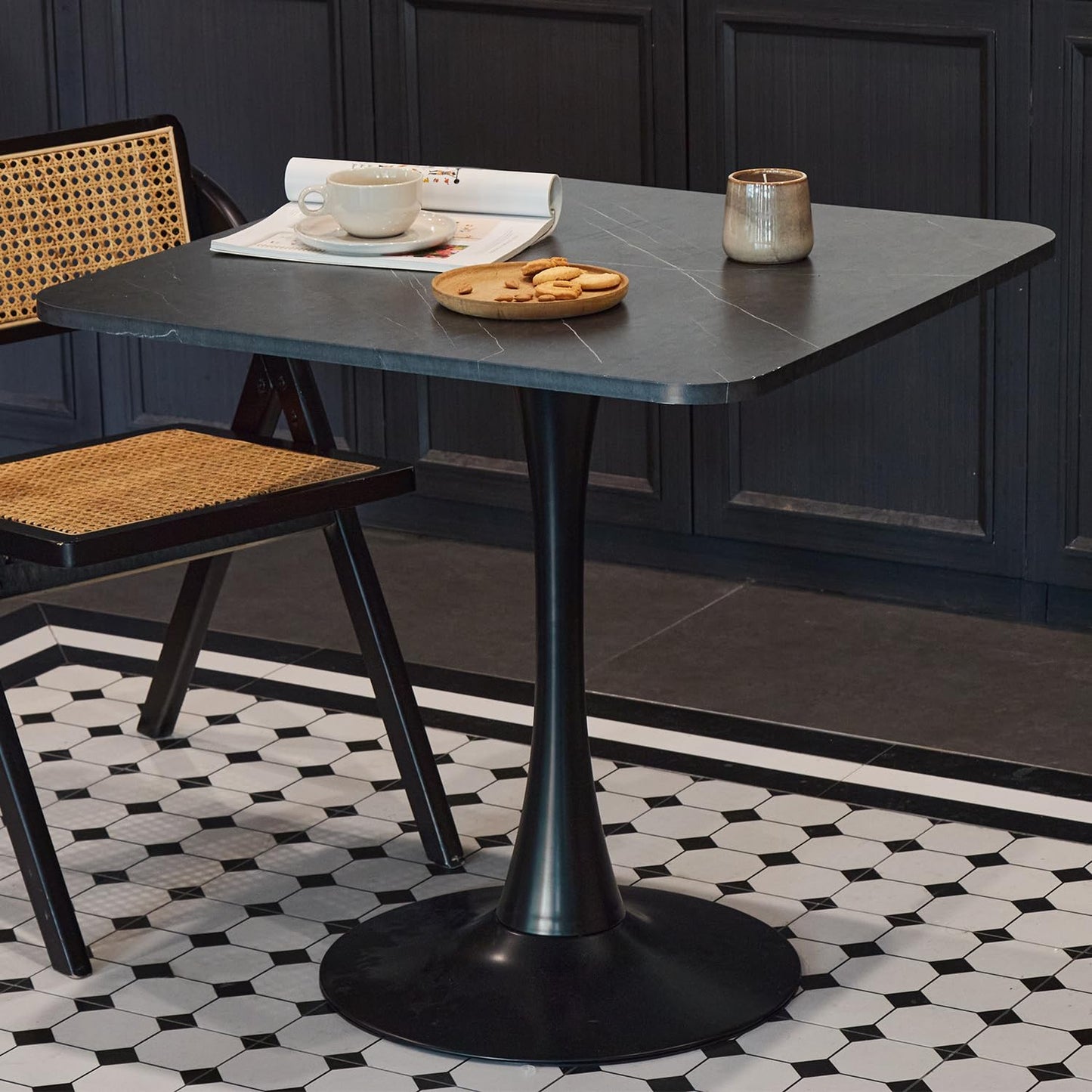 Square Modern Dinning Table 30 inches for 2-4 Bistro Tulip Table with Faux Marble top,Easy Assemble,no Wobble,Stable Sturdy Metal Frame Diameter 30in*H28.74in (Black, 30in)