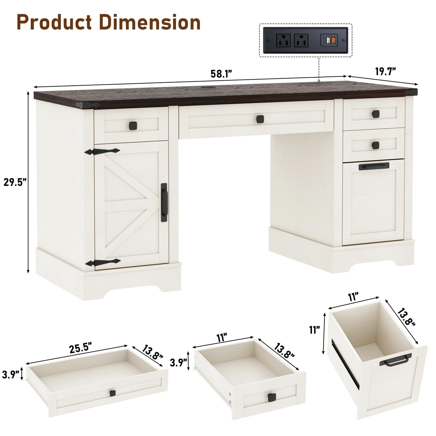 Squireewo 58'' Farmhouse Home Office Desk with Drawers, Wooden Executive Desk with Charging Station, File Drawers and Storage Cabinet, Computer Desk for Work, Study and Writing, Rustic White
