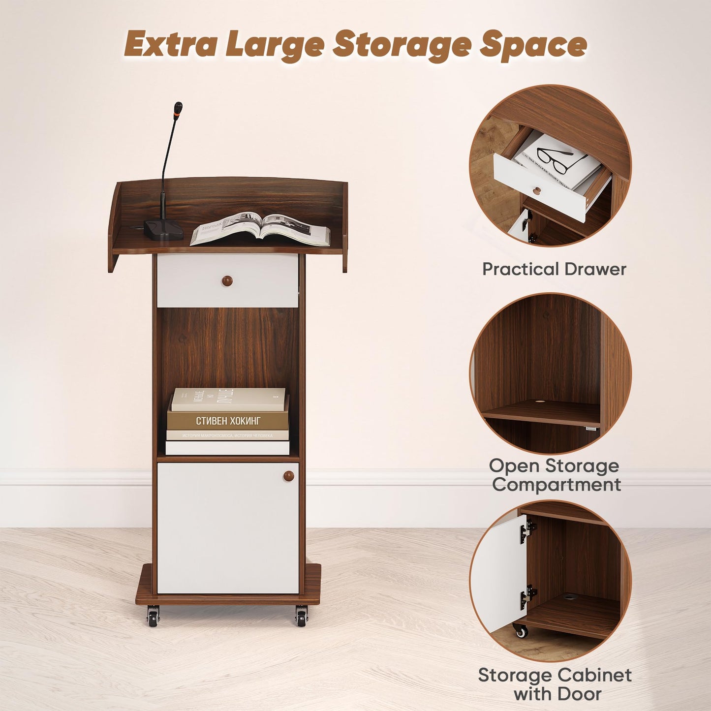 Suuiwau Mobile Wooden Podium Stand with Metal Wheels, Portable Pulpit with Drawer and Storage Cabinet, Built-in Cable Hole Lectern for Office Classroom Lecture Restaurant Church (Brown White)