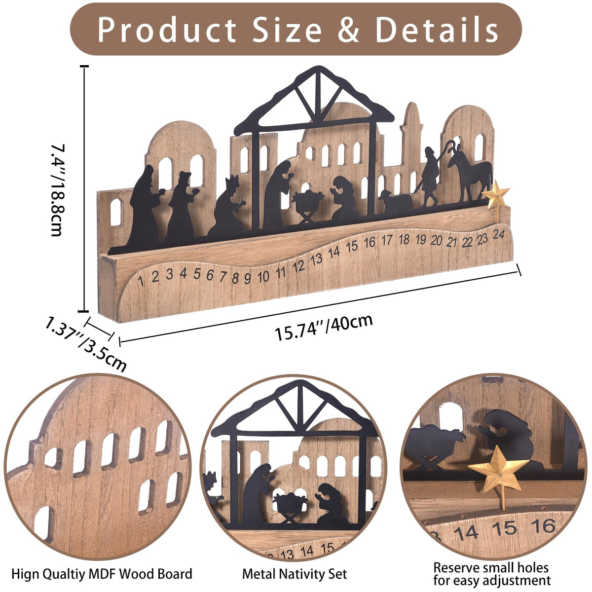 Nativity Sets for Christmas Countdown Calendar, Indoor Rustic Christmas Decor With Wooden Base 3D Design, Xmas Manger Scene for Tabletop Office Shelf Mantel Decoration (Black)