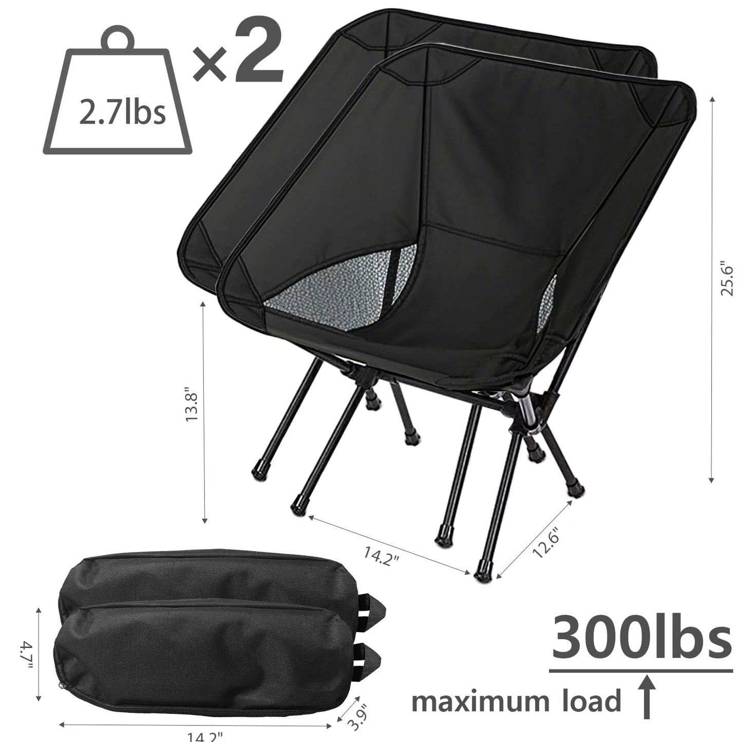 Wind Tour Portable Camping Chair Foldable Outdoor Chair for Hiking Camp Backpacking Lawn Beach Fishing Picnic with Carry Bag (Black-2)