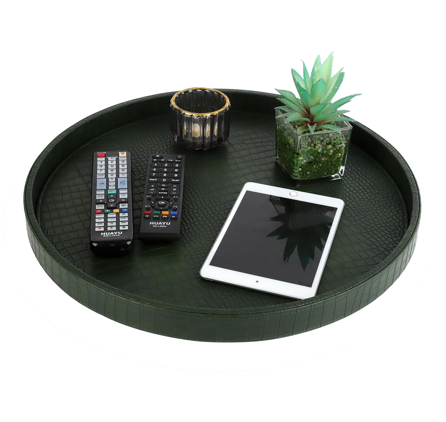 HofferRuffer Round Serving Tray 20'', Elegant Faux Leather Circle Ottoman Table Tray, Serve Tea Coffee Breakfast in Bedroom Living Room Kitchen(Green, 20")