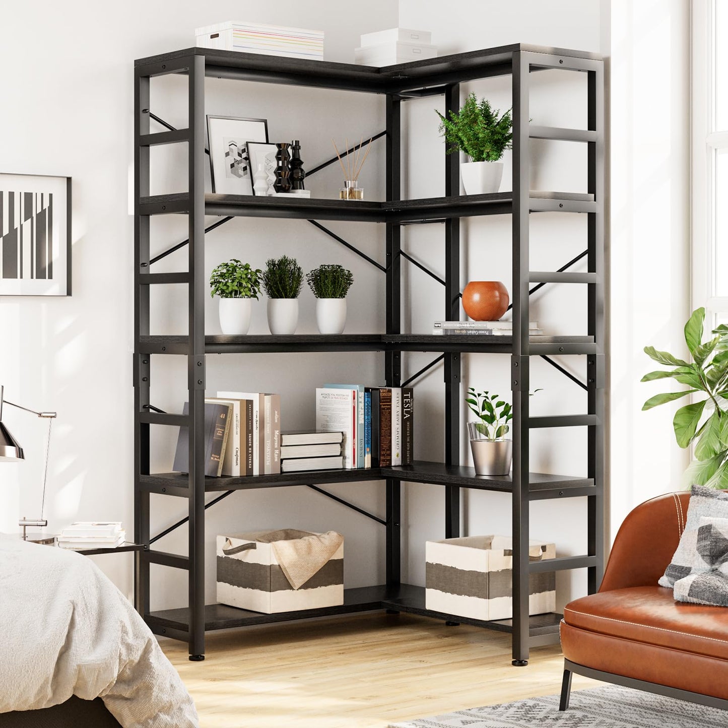 NUMENN 5 Tier Corner Bookshelf, Modern Corner Bookcase, Large Open Shelf Bookcase, Tall Bookshelves Storage Display Rack for Bedroom, Living Room and Home Office, Black